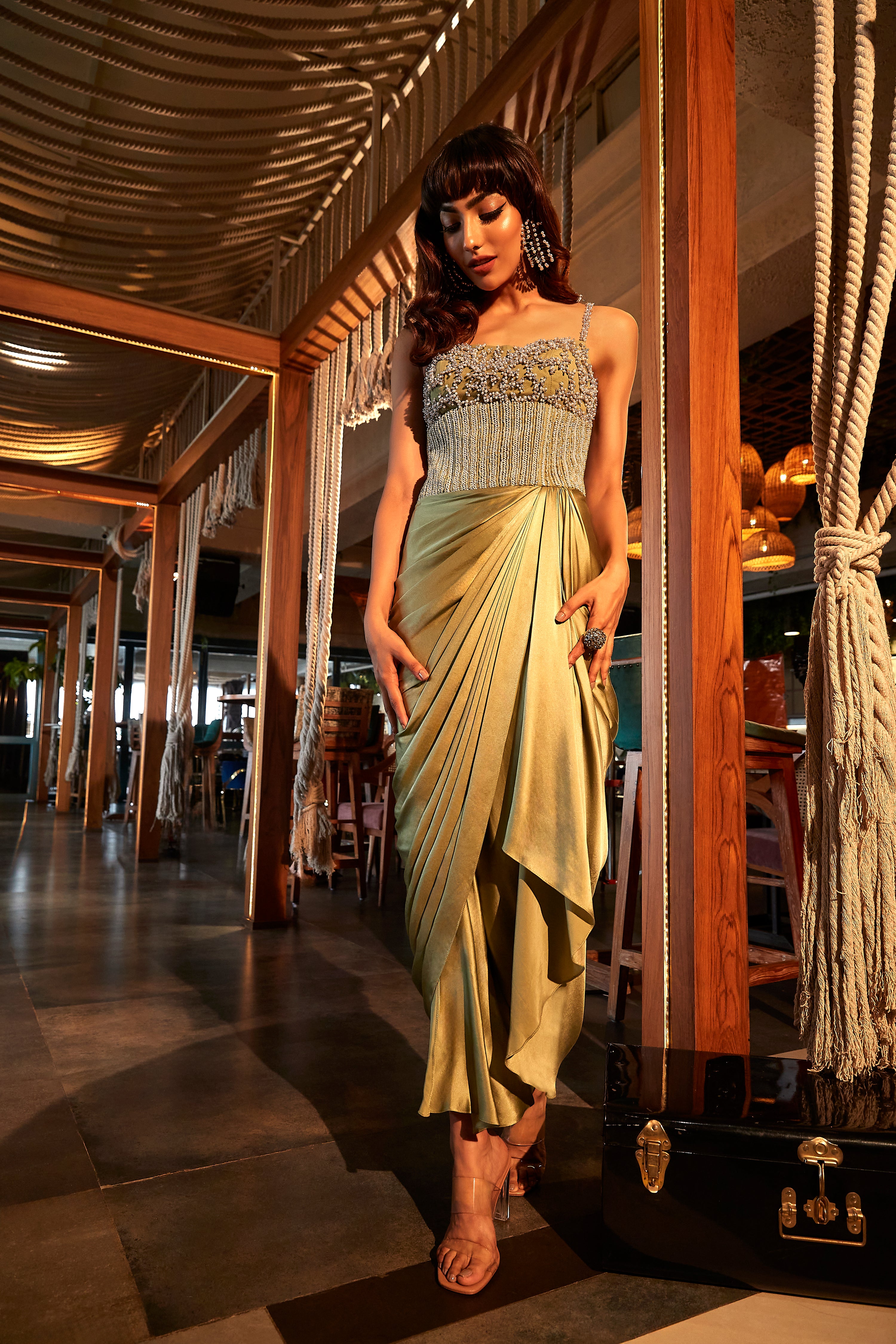 SAGE GREEN DRAPED CORSET DRESS WITH PEARL EMBROIDERY