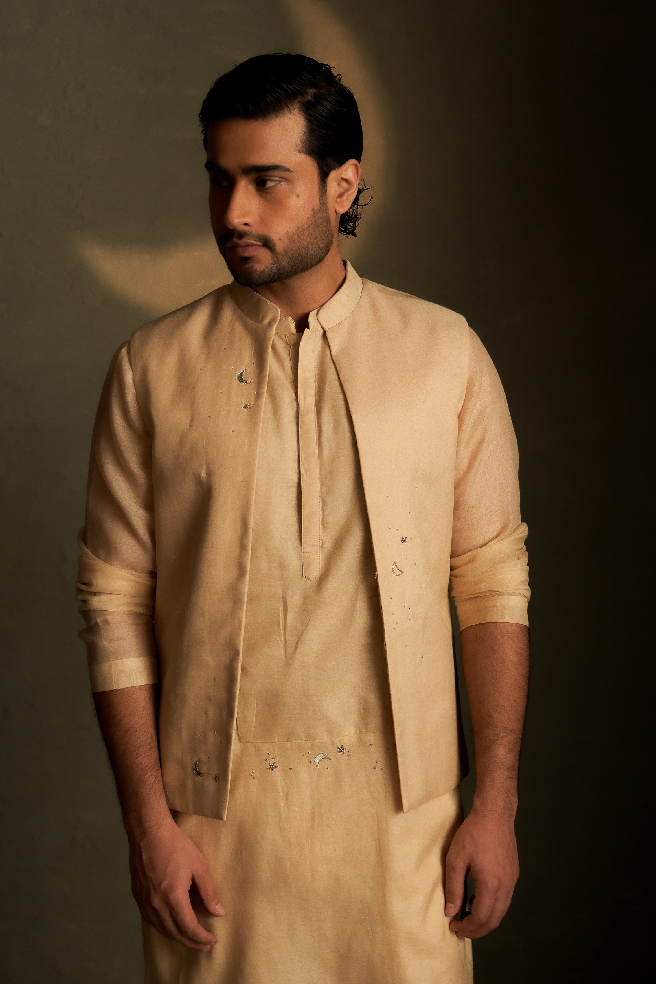 GOLDEN BEIGE LONG KURTA SET WITH SHORT JACKET