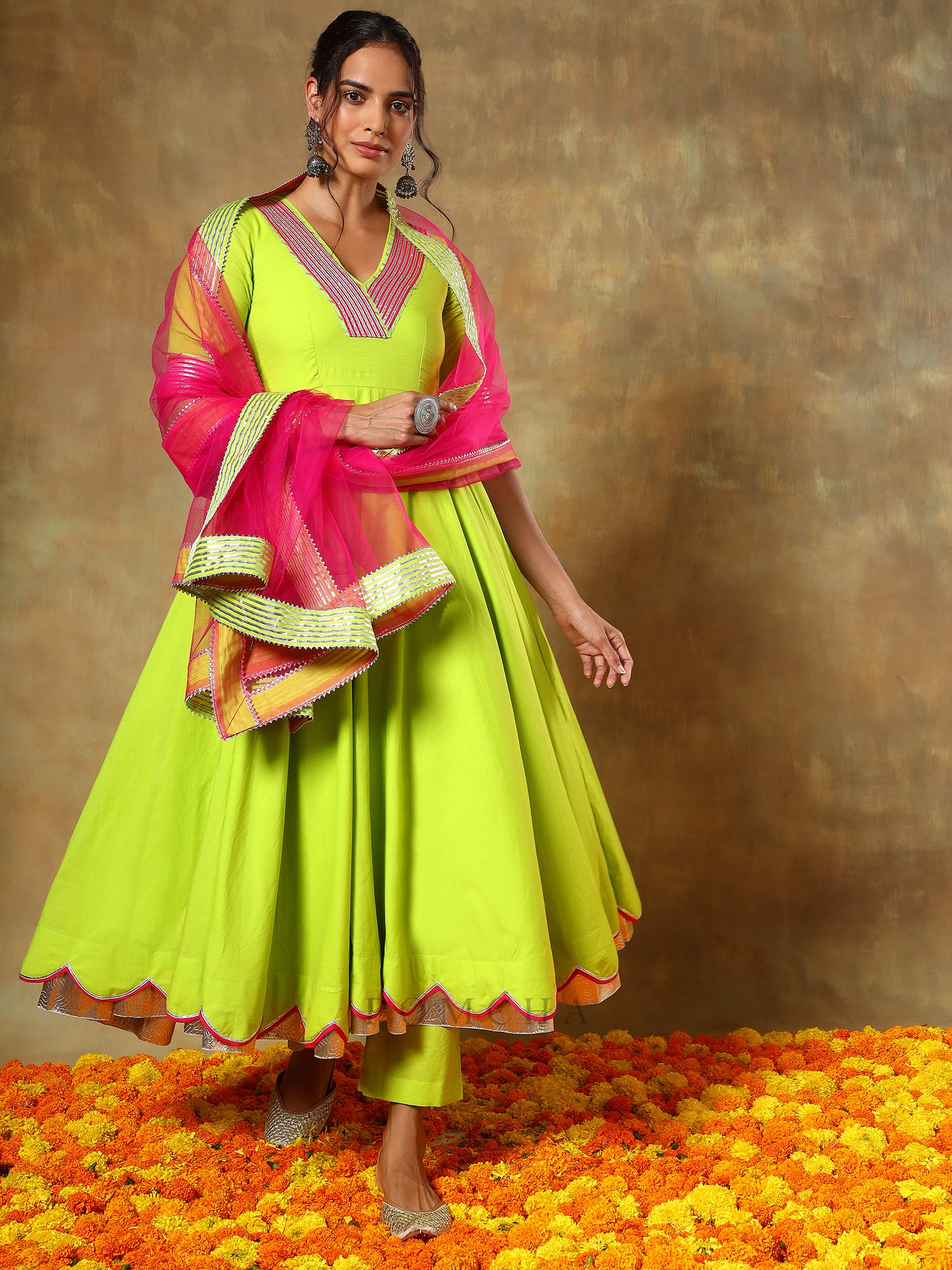 GUZARISH GULAAL GREEN COTTON ANARKALI SET