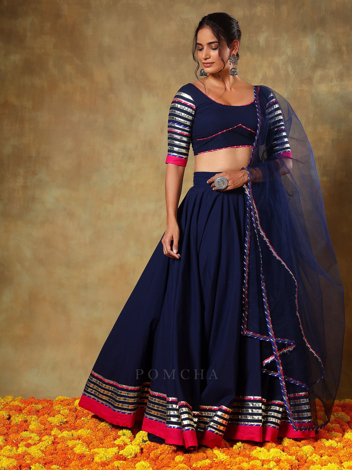 GUZARISH NAVY BLUE COTTON LEHENGA SET