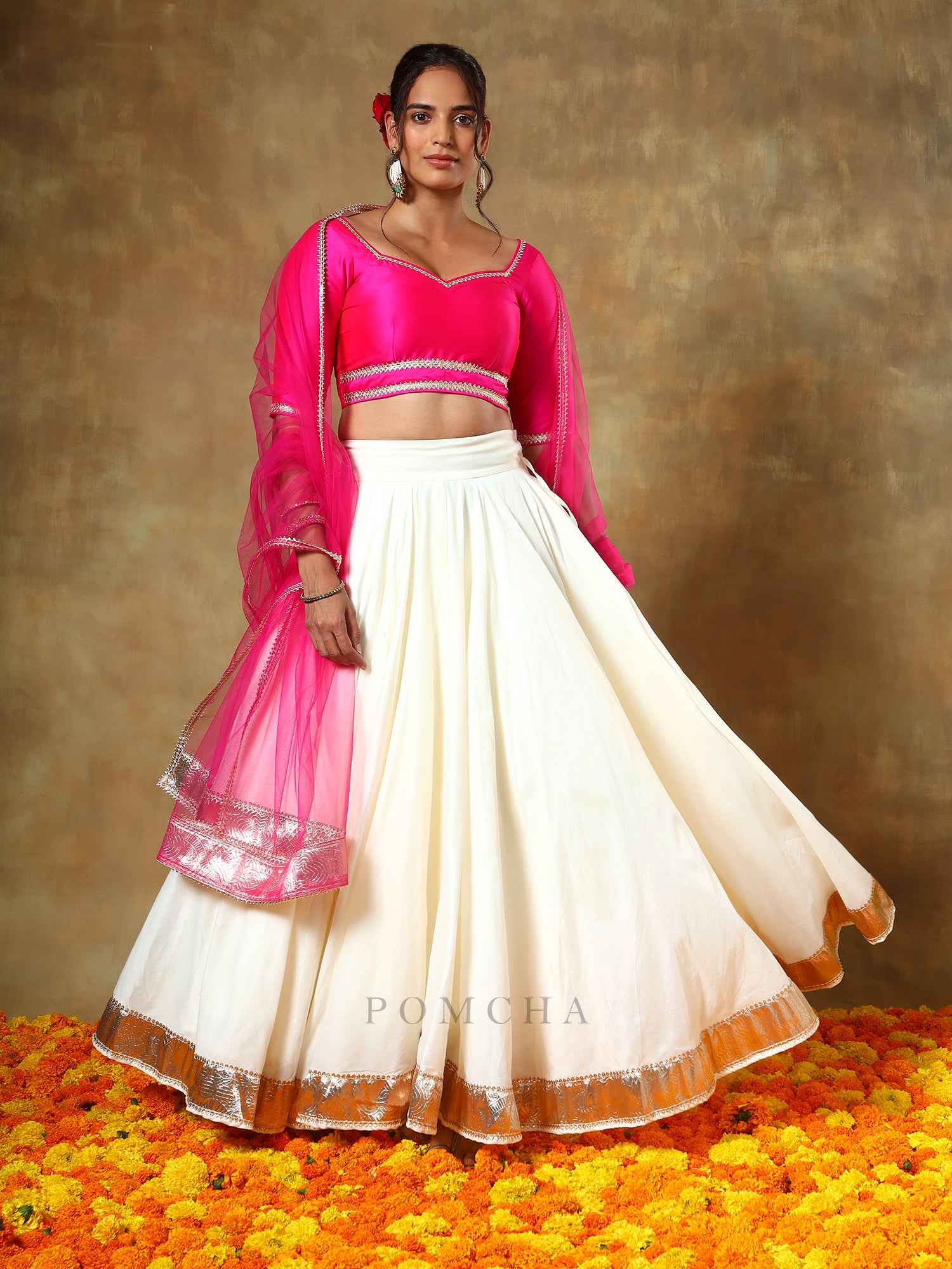 GUZARISH RANI OFF WHITE COTTON SILK LEHENGA SET