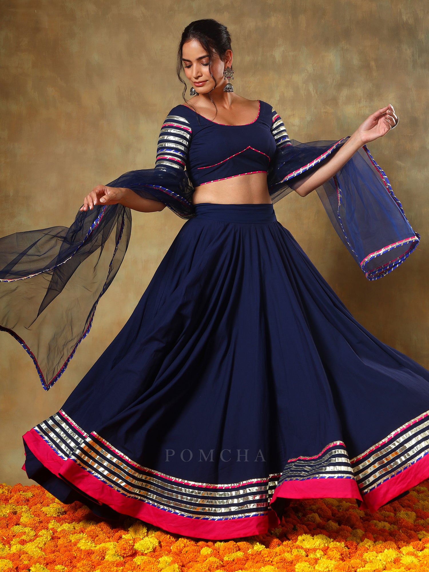 GUZARISH NAVY BLUE COTTON LEHENGA SET