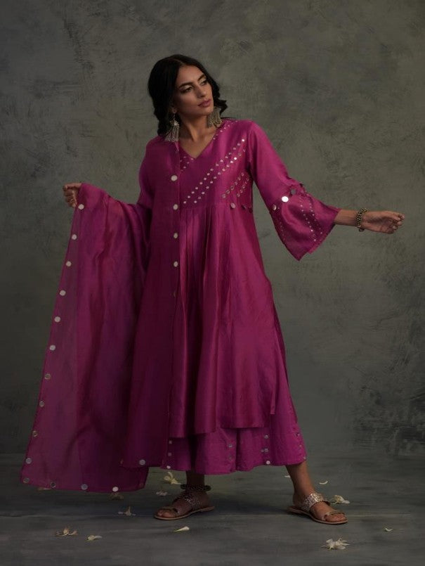 MAGENTA MIRROR WORK GATHERED CHANDERI KURTA WITH COTTON FLARED PALAZZO AND DUPATTA