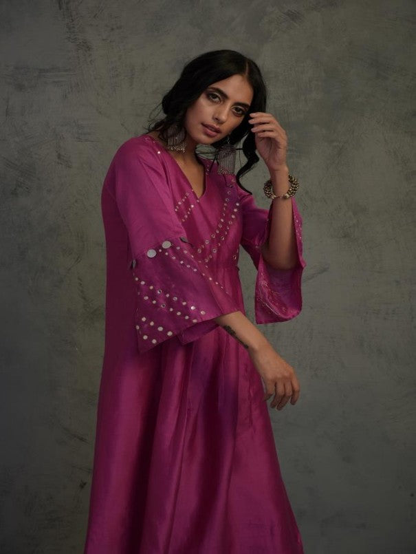 MAGENTA MIRROR WORK GATHERED CHANDERI KURTA WITH COTTON FLARED PALAZZO AND DUPATTA