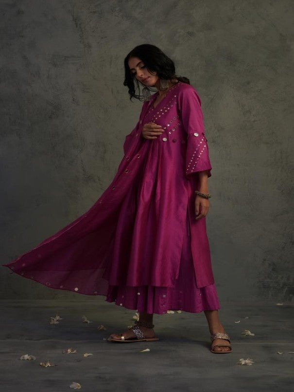 MAGENTA MIRROR WORK GATHERED CHANDERI KURTA WITH COTTON FLARED PALAZZO AND DUPATTA