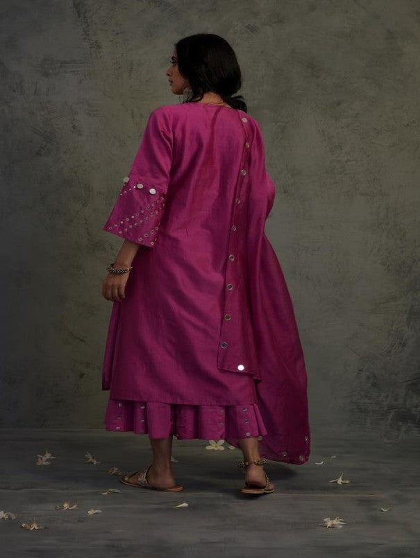 MAGENTA MIRROR WORK GATHERED CHANDERI KURTA WITH COTTON FLARED PALAZZO AND DUPATTA