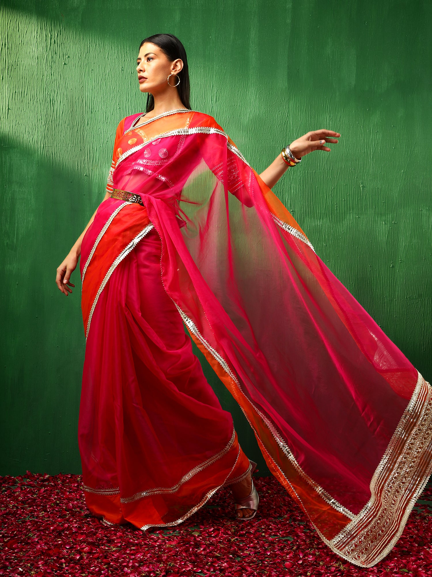 ADAA ORANGE PINK DOUBLE SHADE ORGANZA SAREE