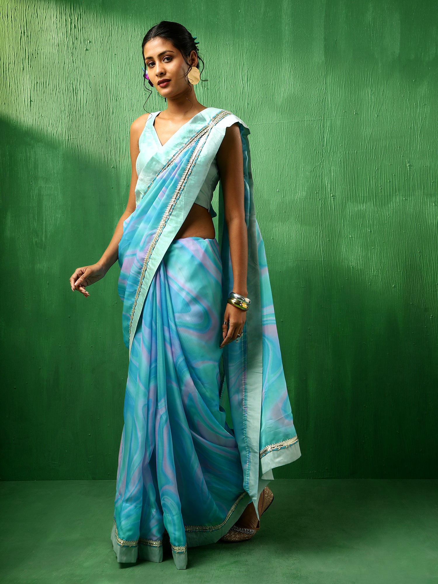 ADAA BLUE MARBLE PRINT ORGANZA SAREE