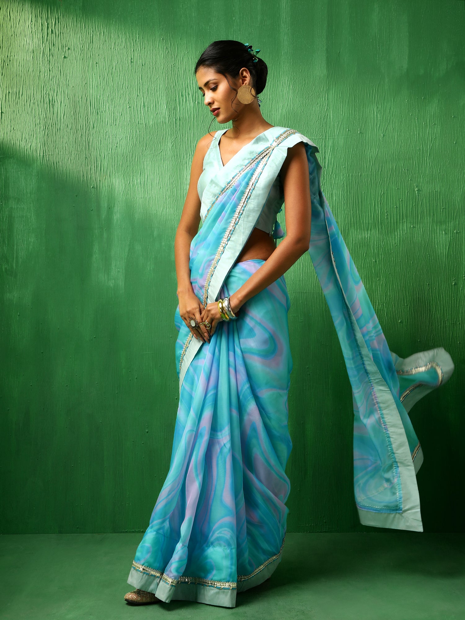 ADAA BLUE MARBLE PRINT ORGANZA SAREE