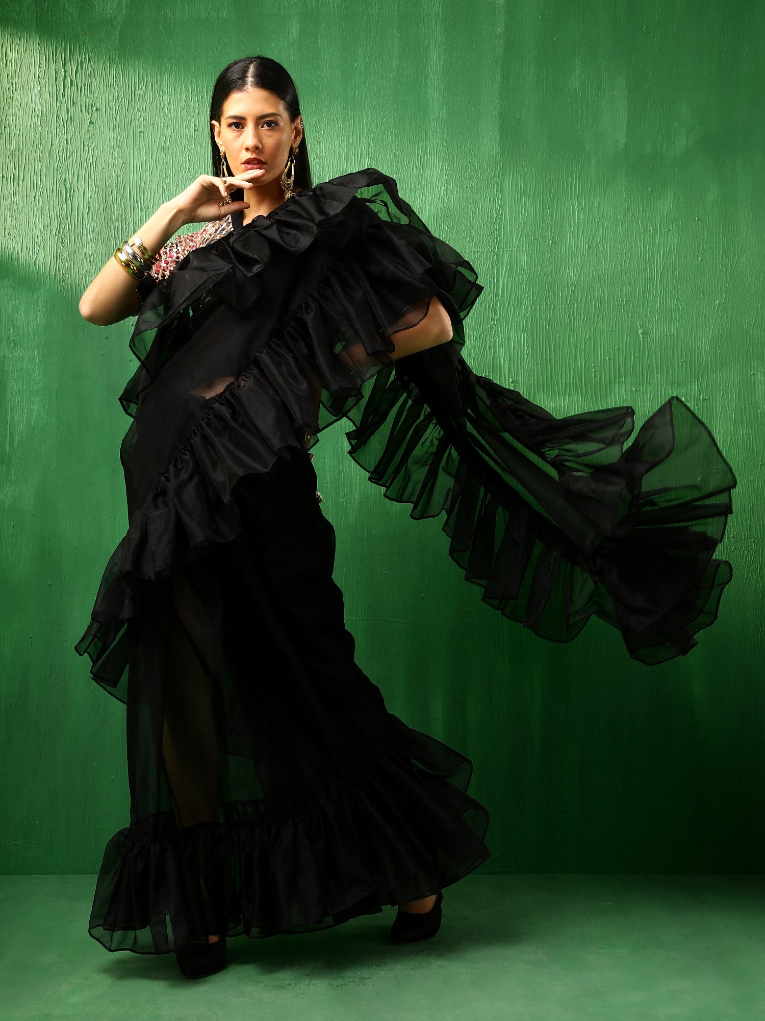 ADAA BLACK ORGANZA RUFFLE SAREE