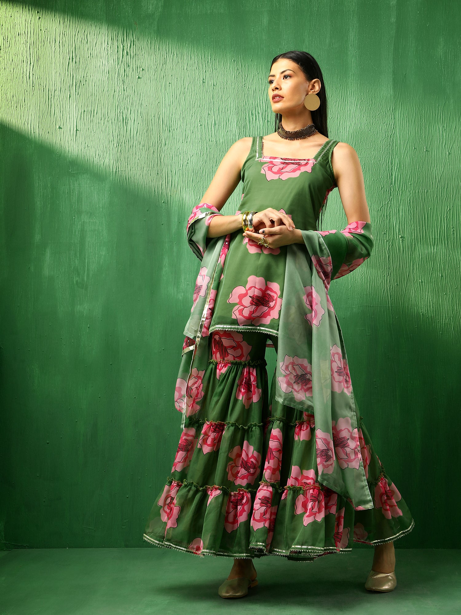 ADAA GREEN CARNATION ORGANZA SHARARA SET