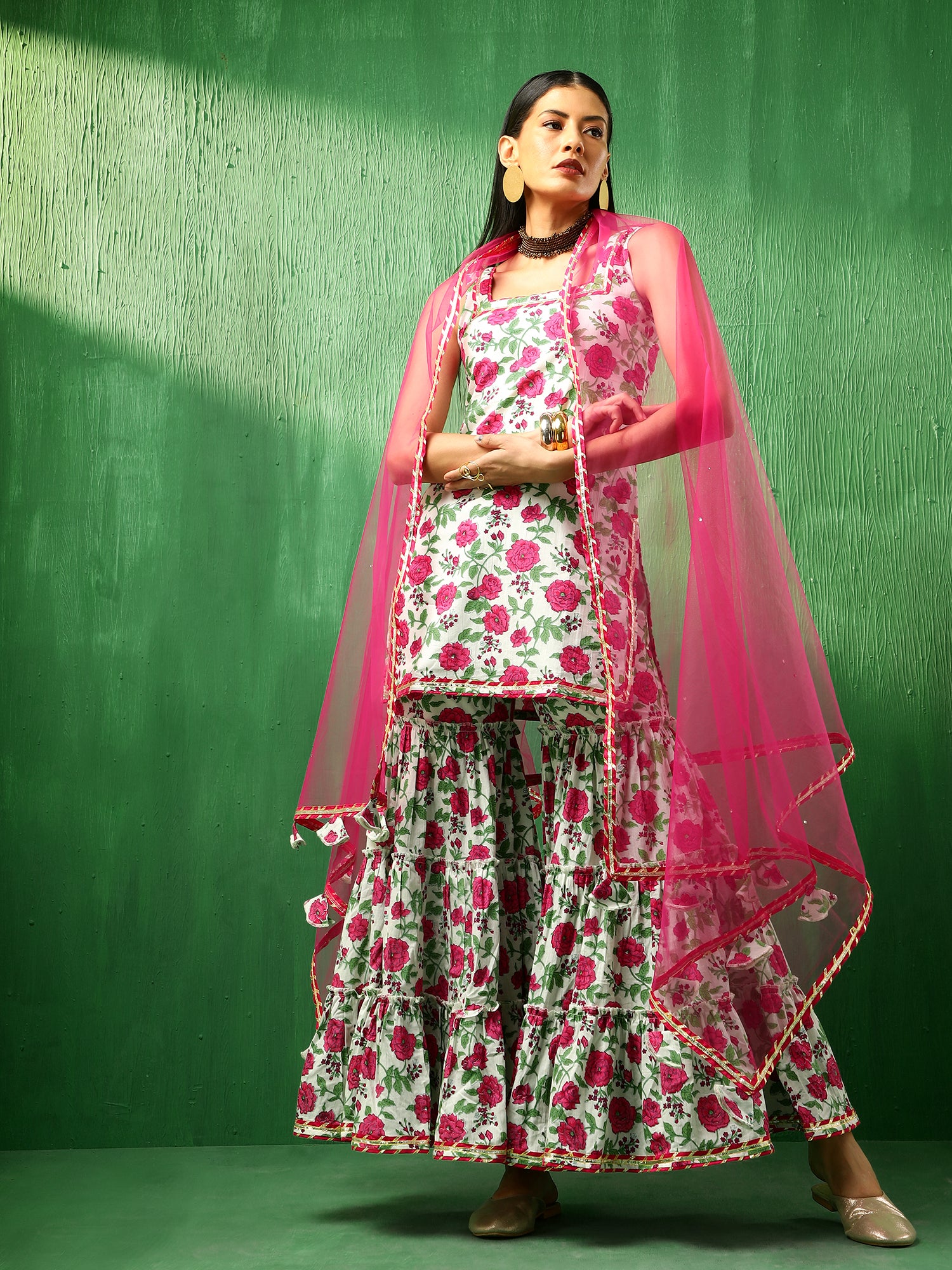 ADAA PINK WHITE COTTON SHARARA SET