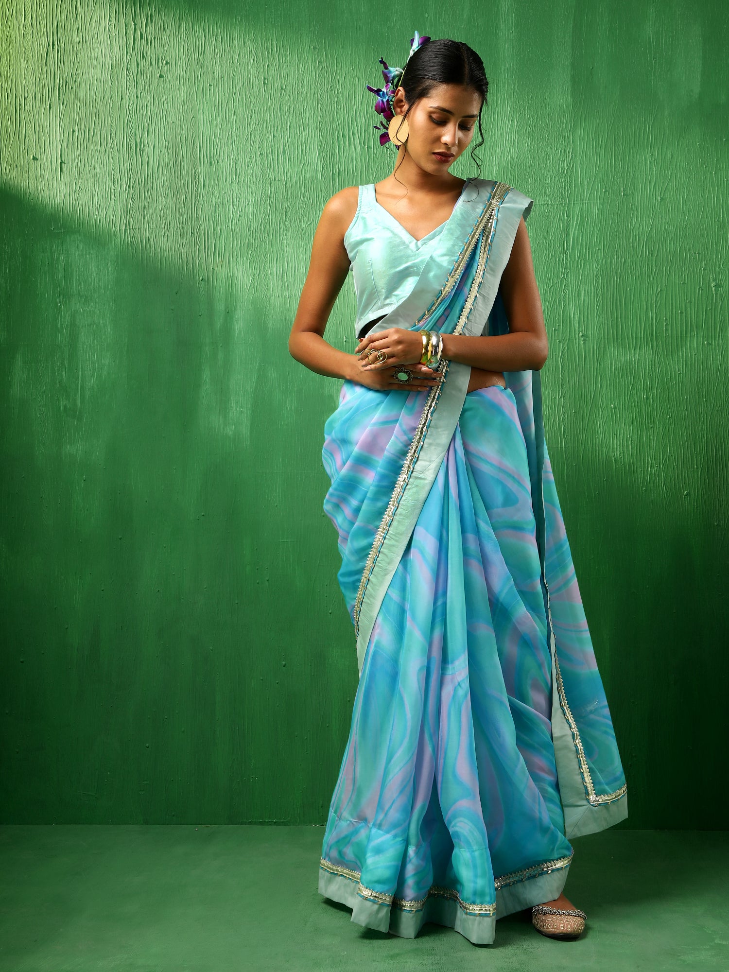 ADAA BLUE MARBLE PRINT ORGANZA SAREE