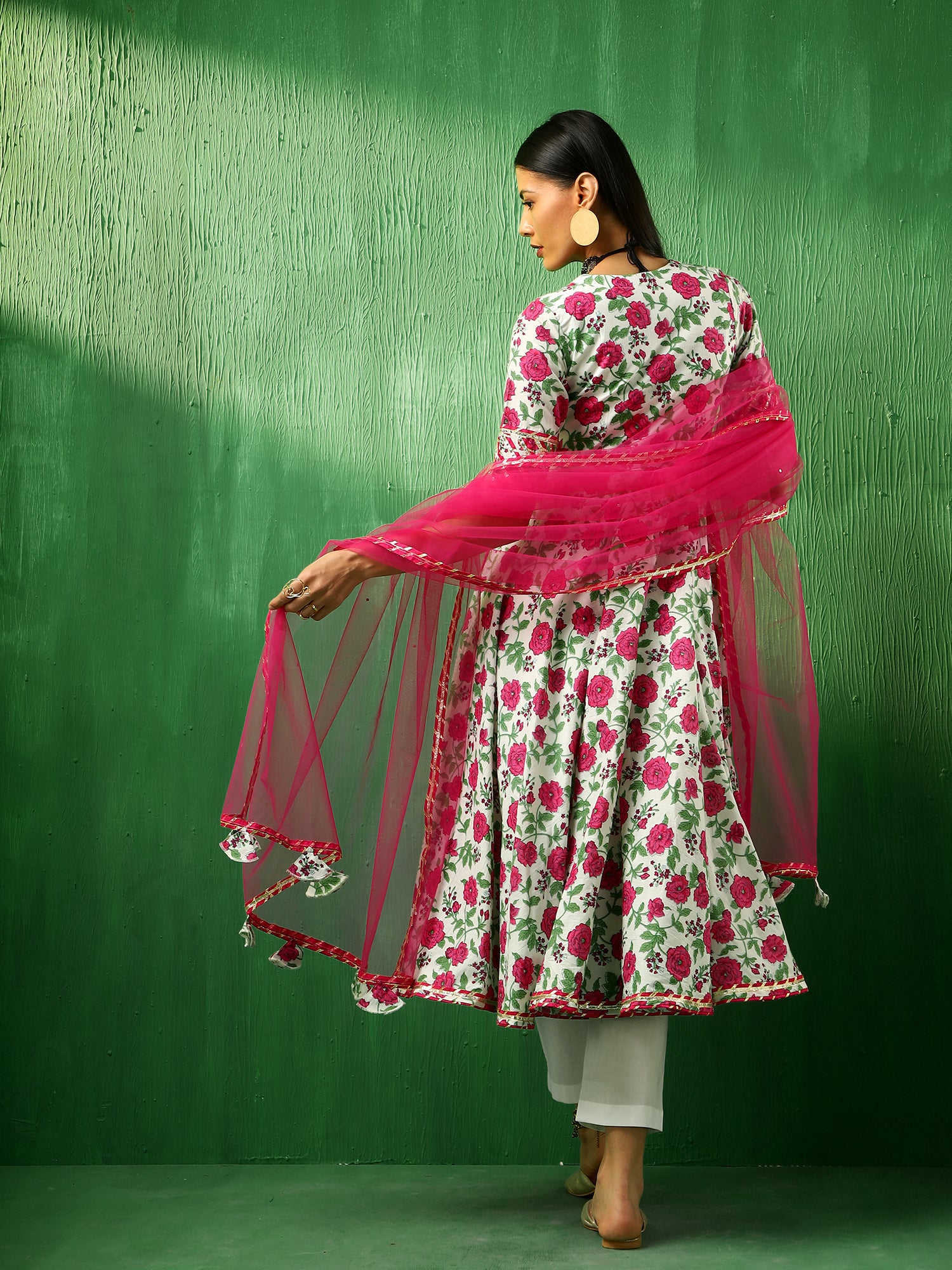 ADAA PINK WHITE COTTON ANARKALI SET