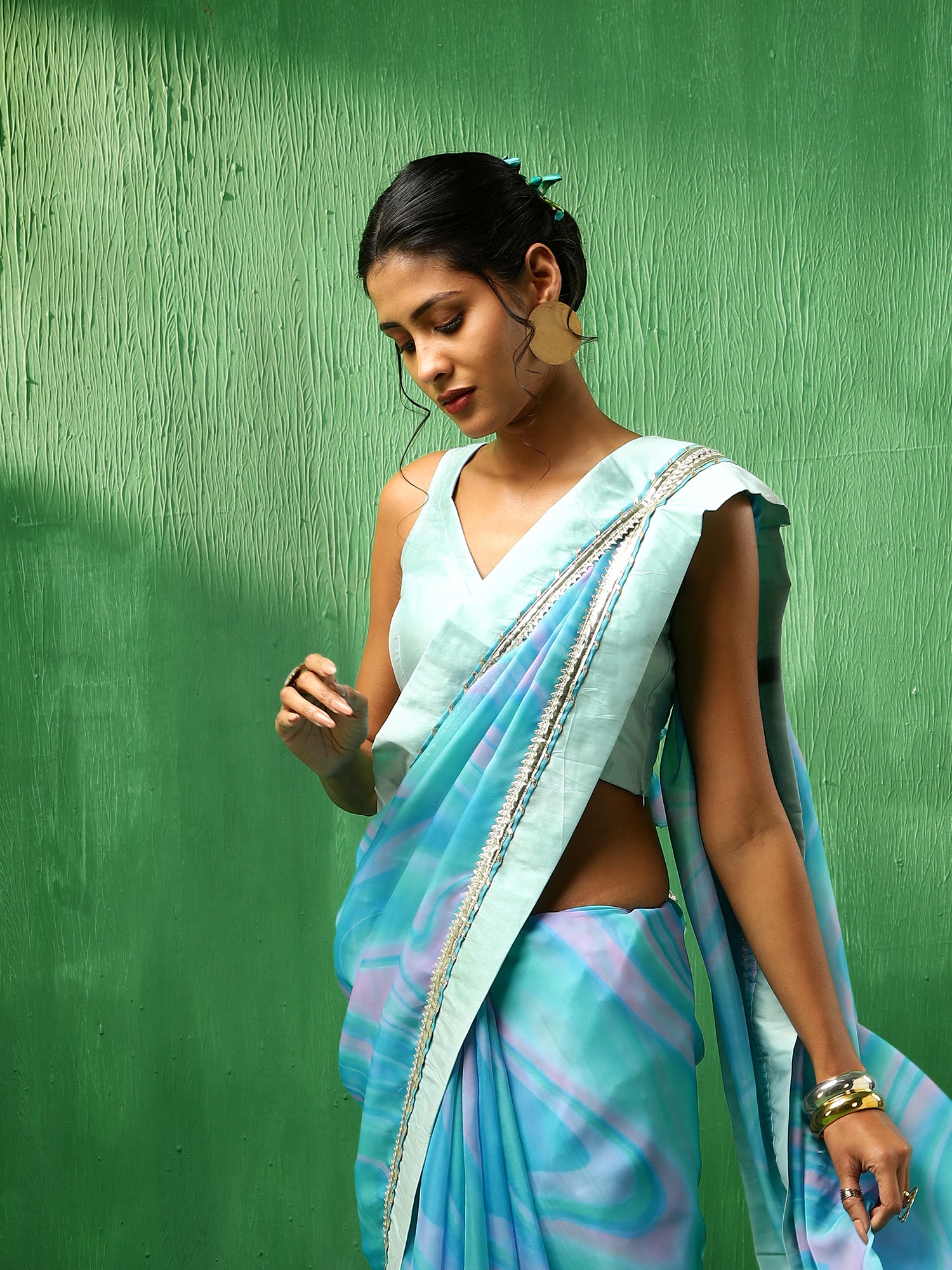 ADAA BLUE MARBLE PRINT ORGANZA SAREE