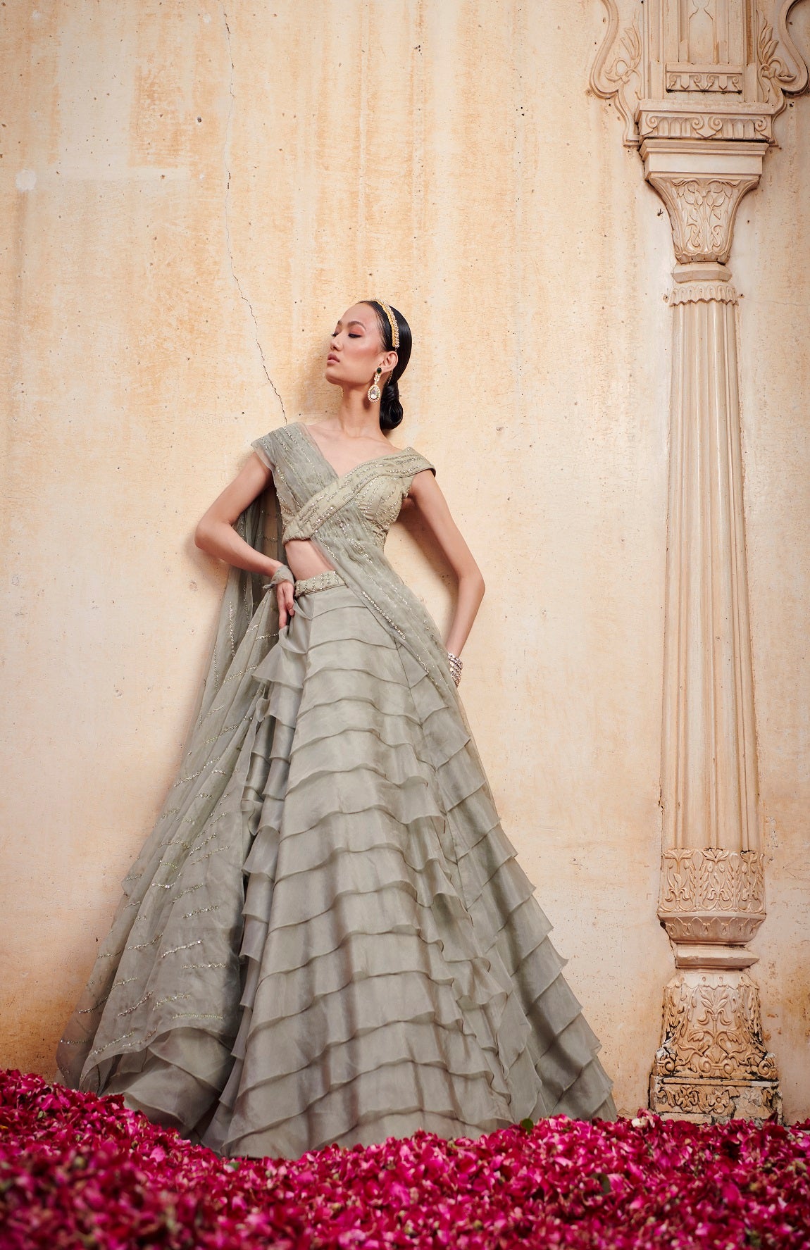 OLIVE GREEN LAYERED LEHENGA