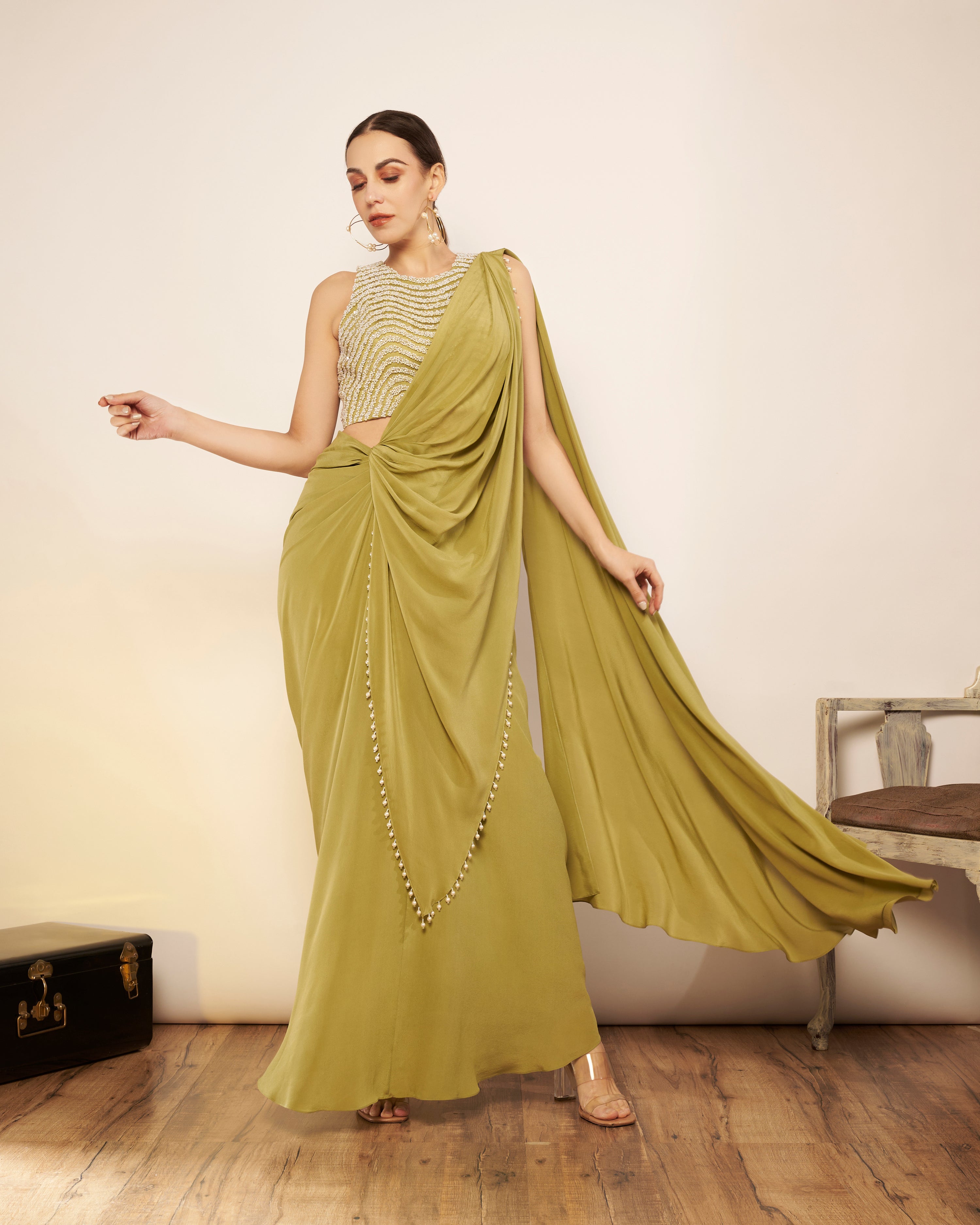 SAGE GREEN SAREE WITH EMBLISHED BLOUSE