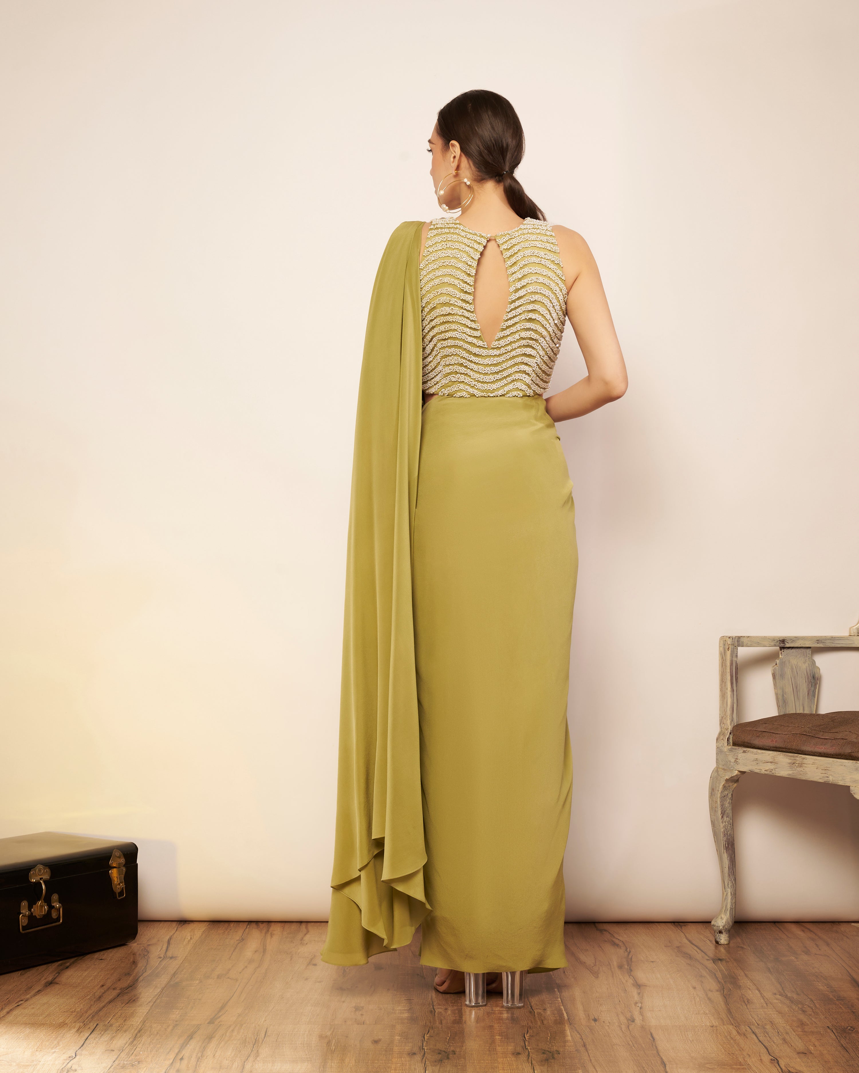 SAGE GREEN SAREE WITH EMBLISHED BLOUSE