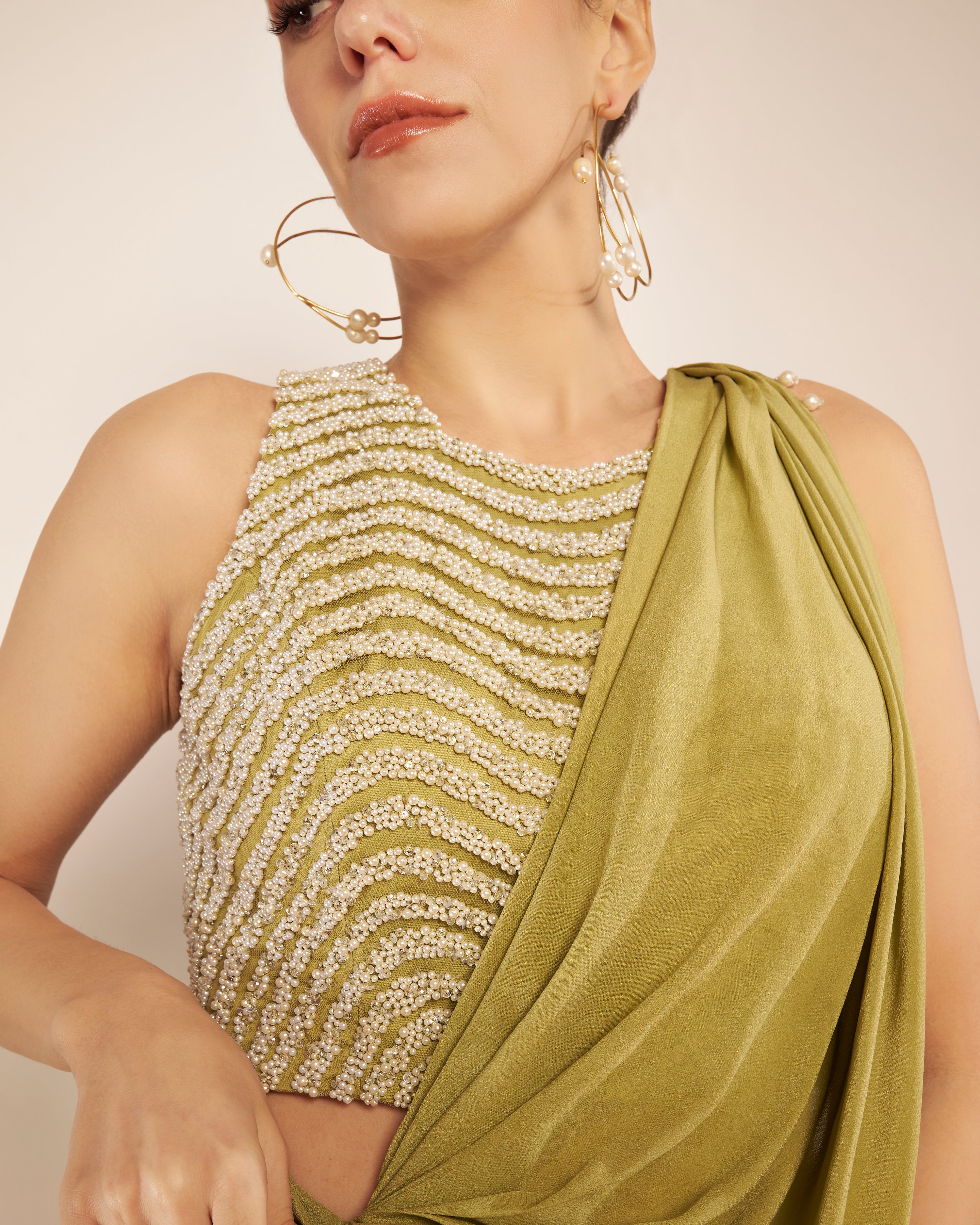 SAGE GREEN SAREE WITH EMBLISHED BLOUSE