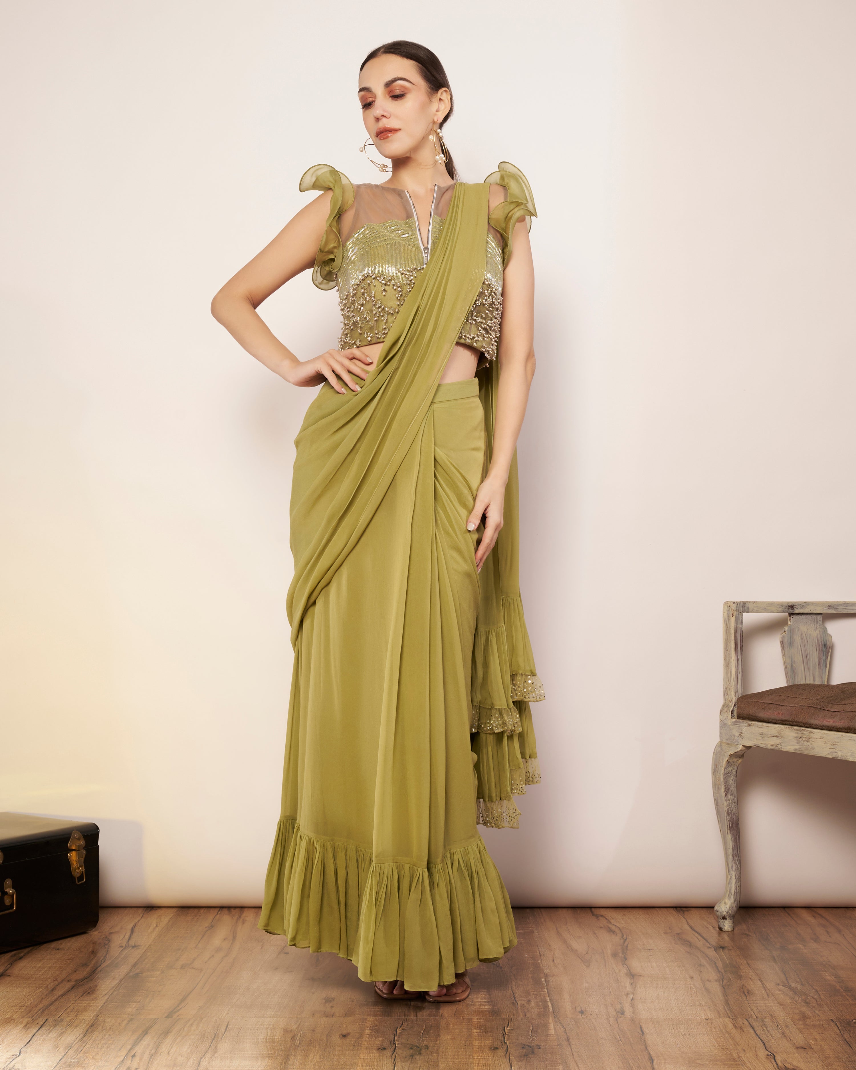 SAGE GREEN SAREE WITH EMBELLISHED RUFFLE SLEEVE BLOUSE