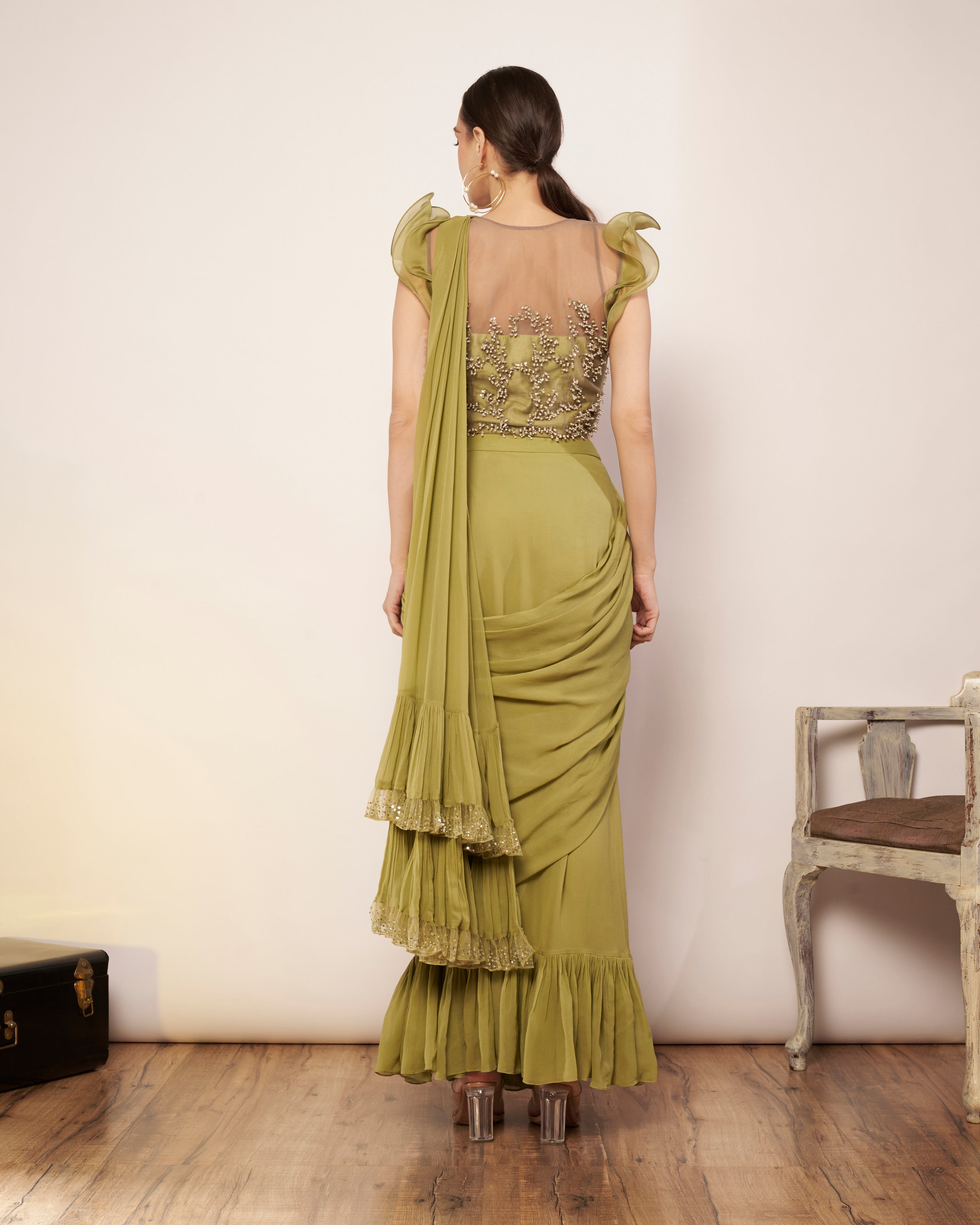 SAGE GREEN SAREE WITH EMBELLISHED RUFFLE SLEEVE BLOUSE