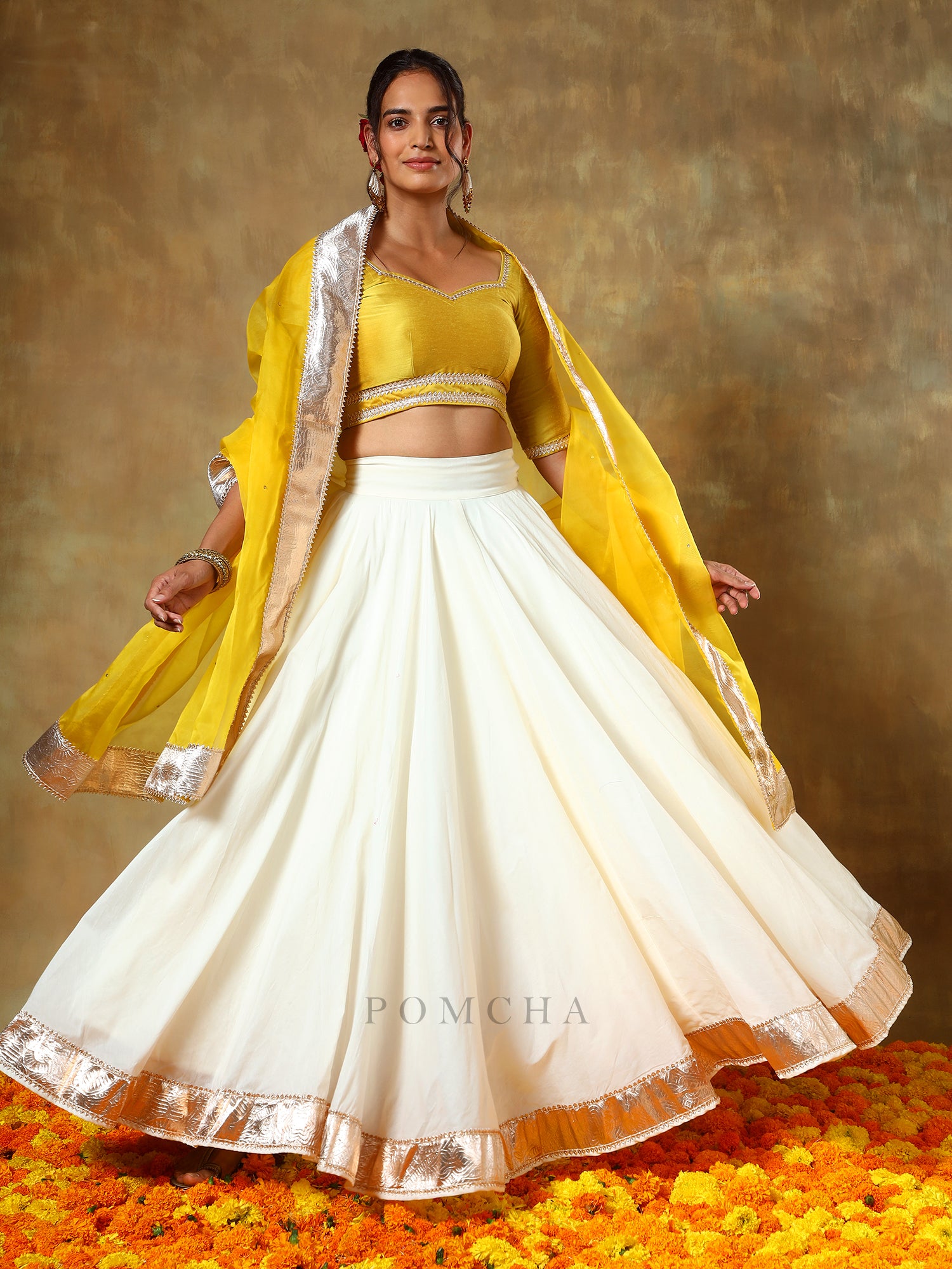 GUZARISH YELLOW OFF WHITE SILK LEHENGA SET