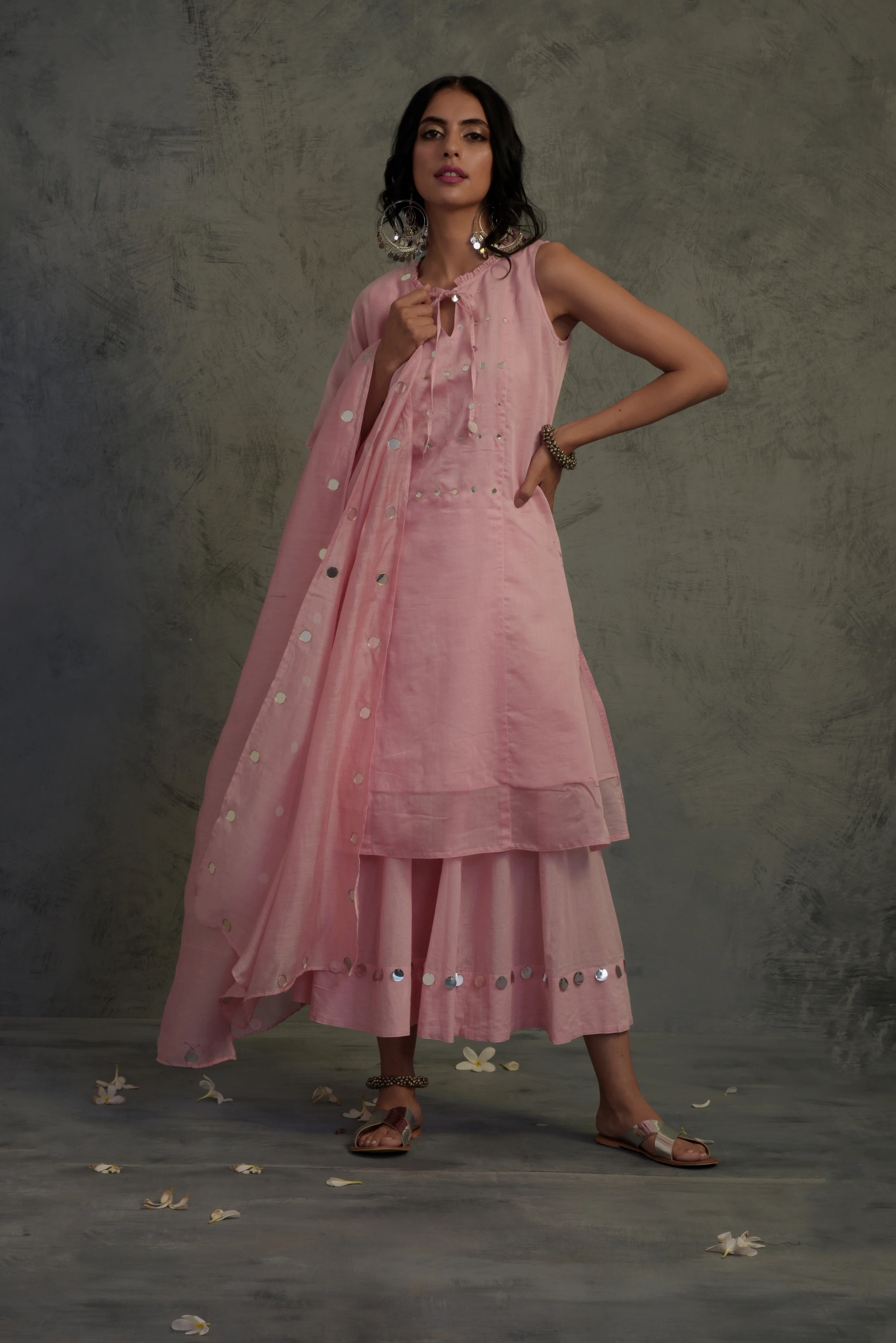 LIGHT PINK MIRROR WORK CHANDERI SLEEVELESS KURTA WITH COTTON FLARED PALAZZO AND DUPATTA