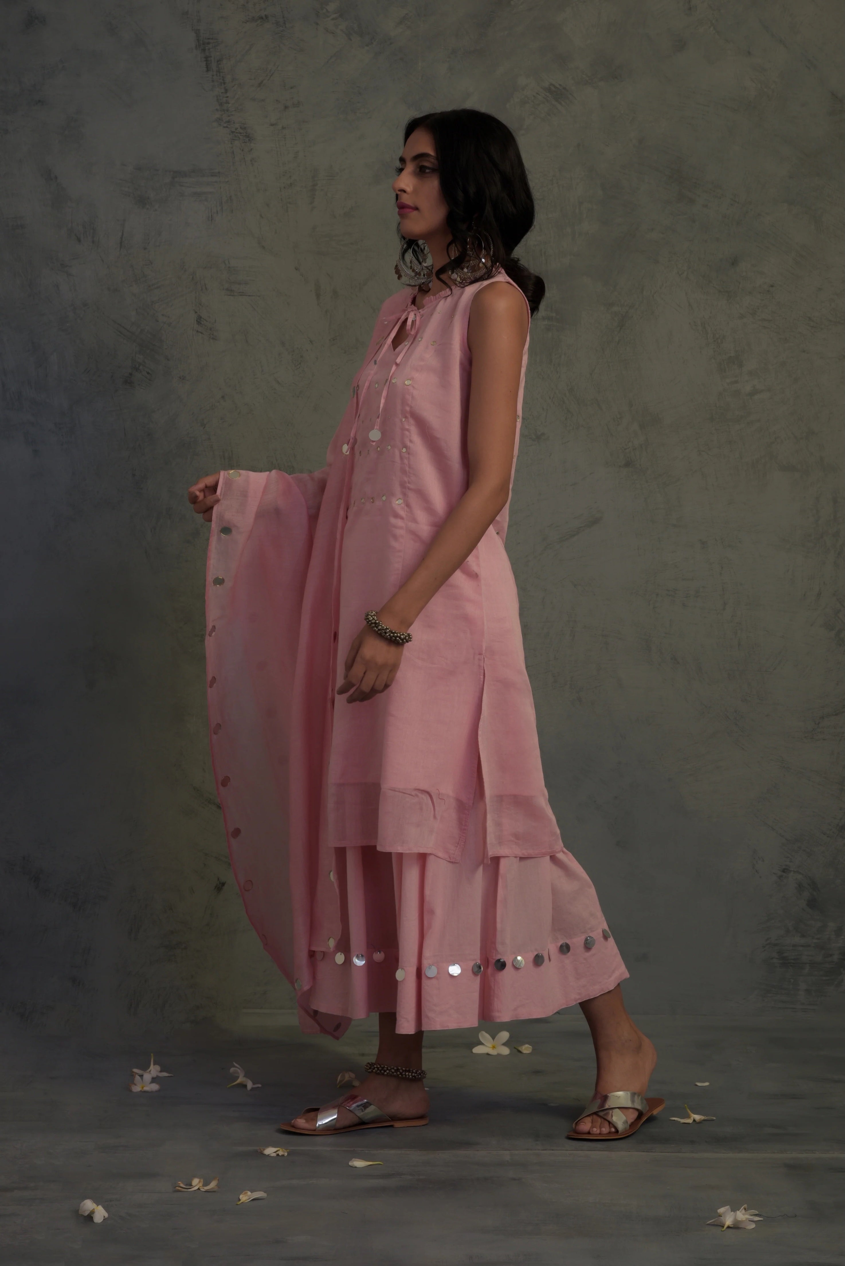 LIGHT PINK MIRROR WORK CHANDERI SLEEVELESS KURTA WITH COTTON FLARED PALAZZO AND DUPATTA