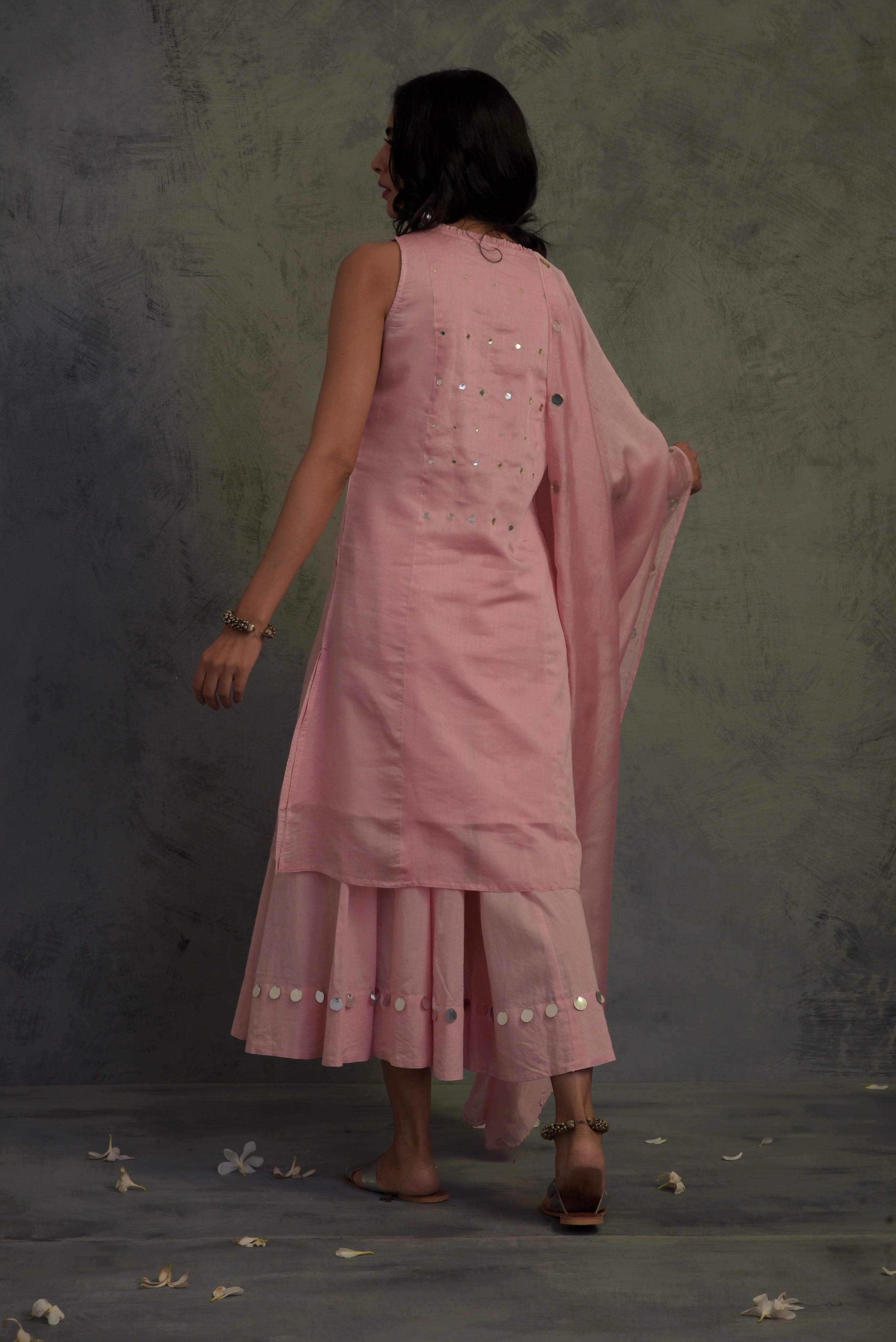 LIGHT PINK MIRROR WORK CHANDERI SLEEVELESS KURTA WITH COTTON FLARED PALAZZO AND DUPATTA