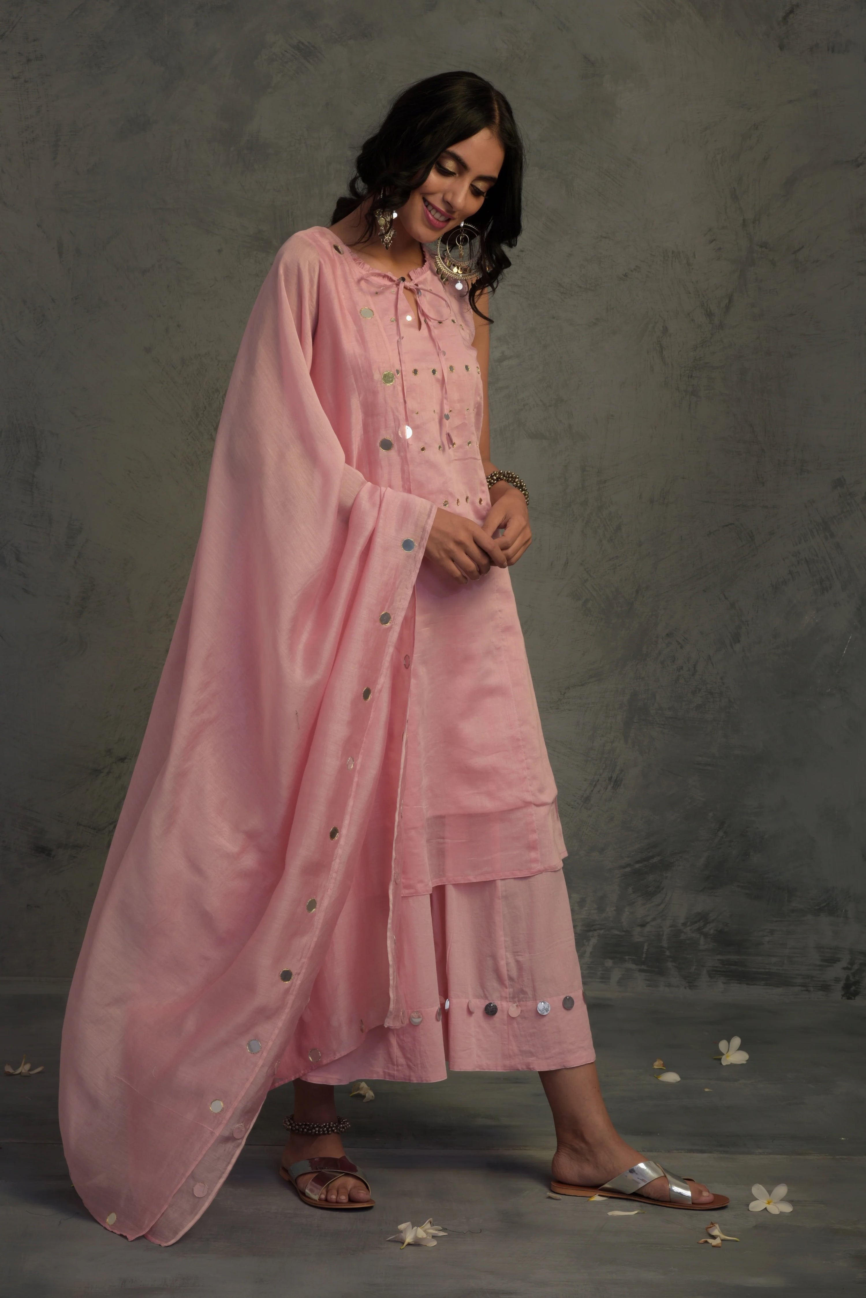 LIGHT PINK MIRROR WORK CHANDERI SLEEVELESS KURTA WITH COTTON FLARED PALAZZO AND DUPATTA