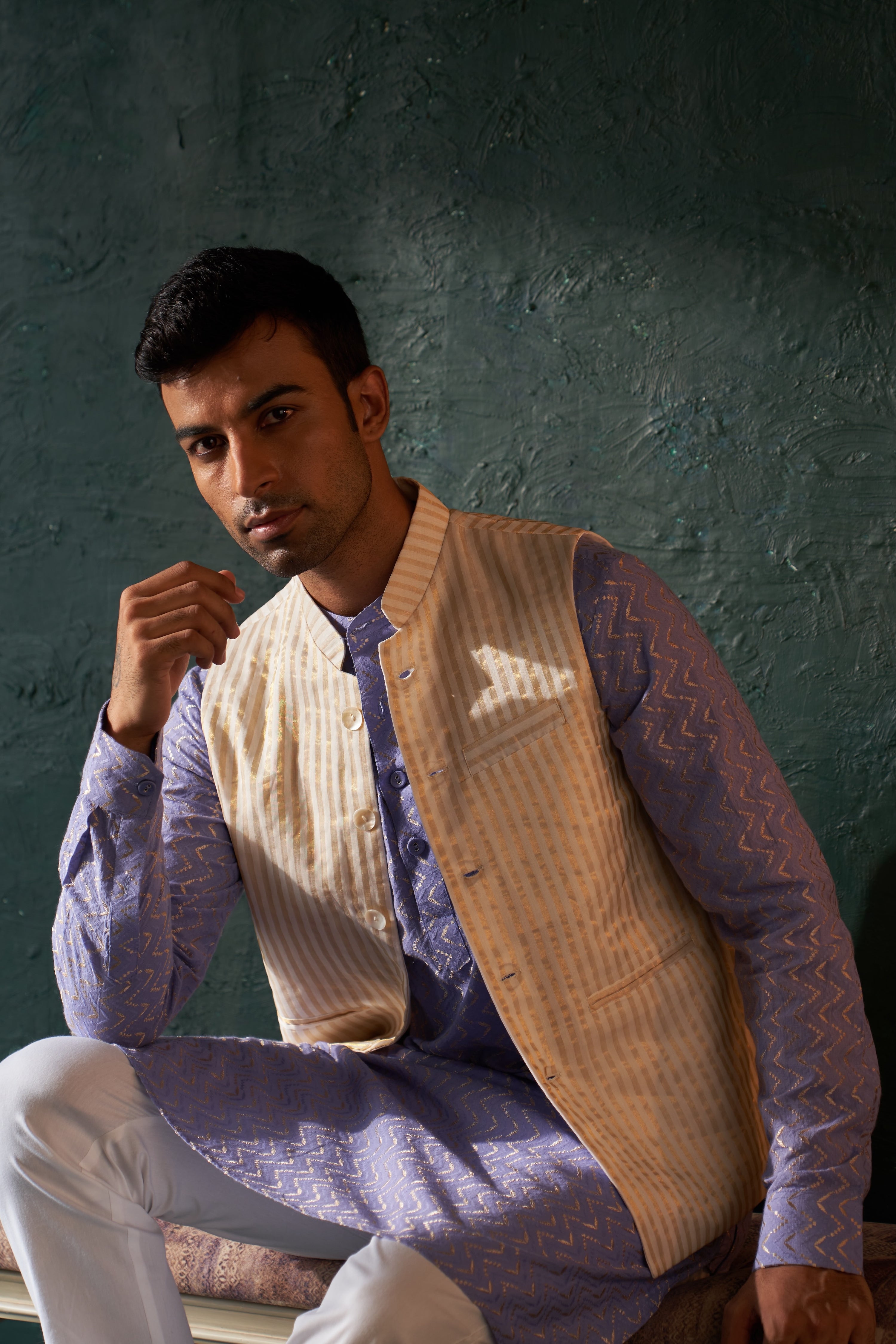 MEN'S LAVENDER CHEVRON STRAIGHT KURTA SET WITH JACKET