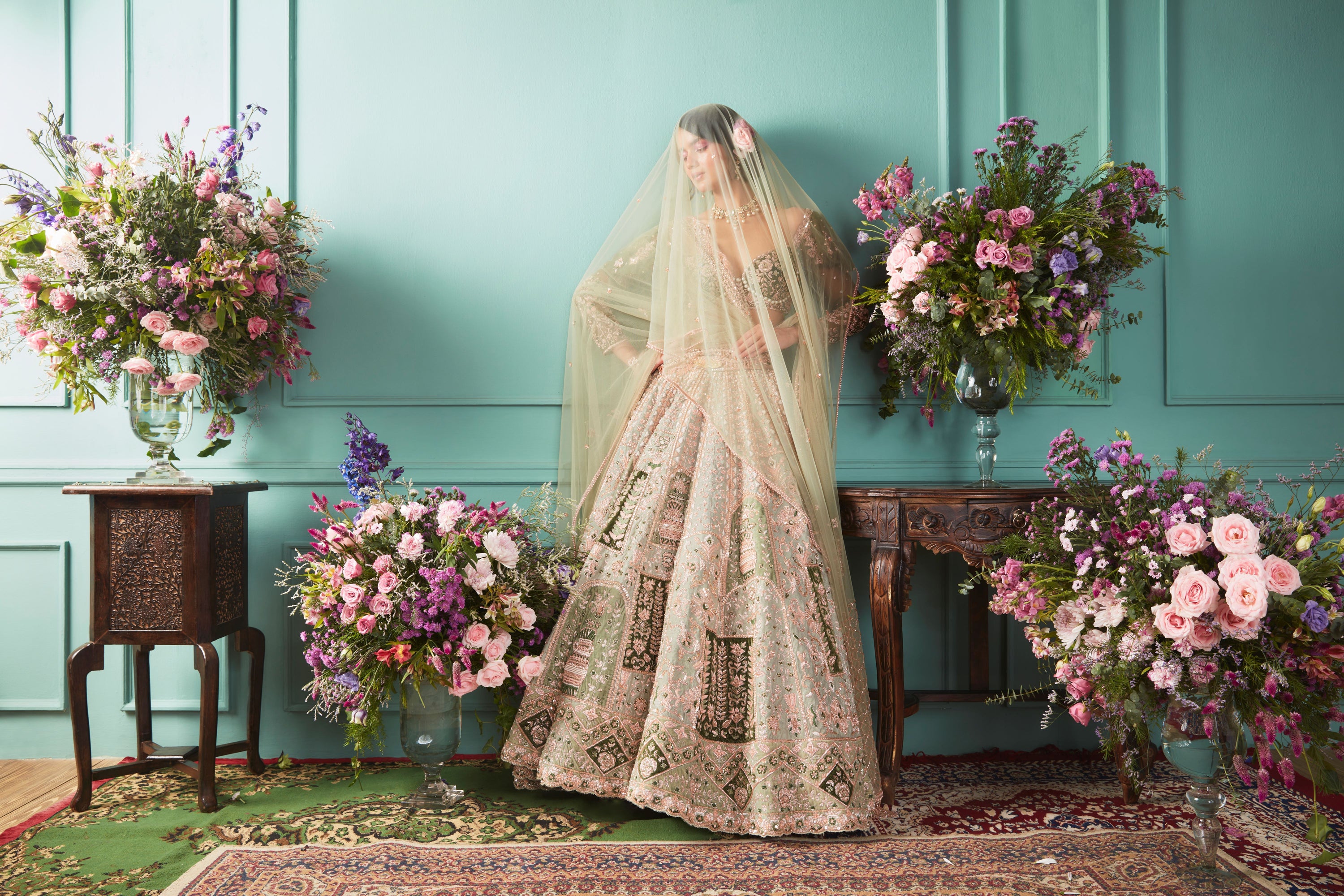 GREEN LEHENGA WITH FRENCH CHATEAU ELEMENTS