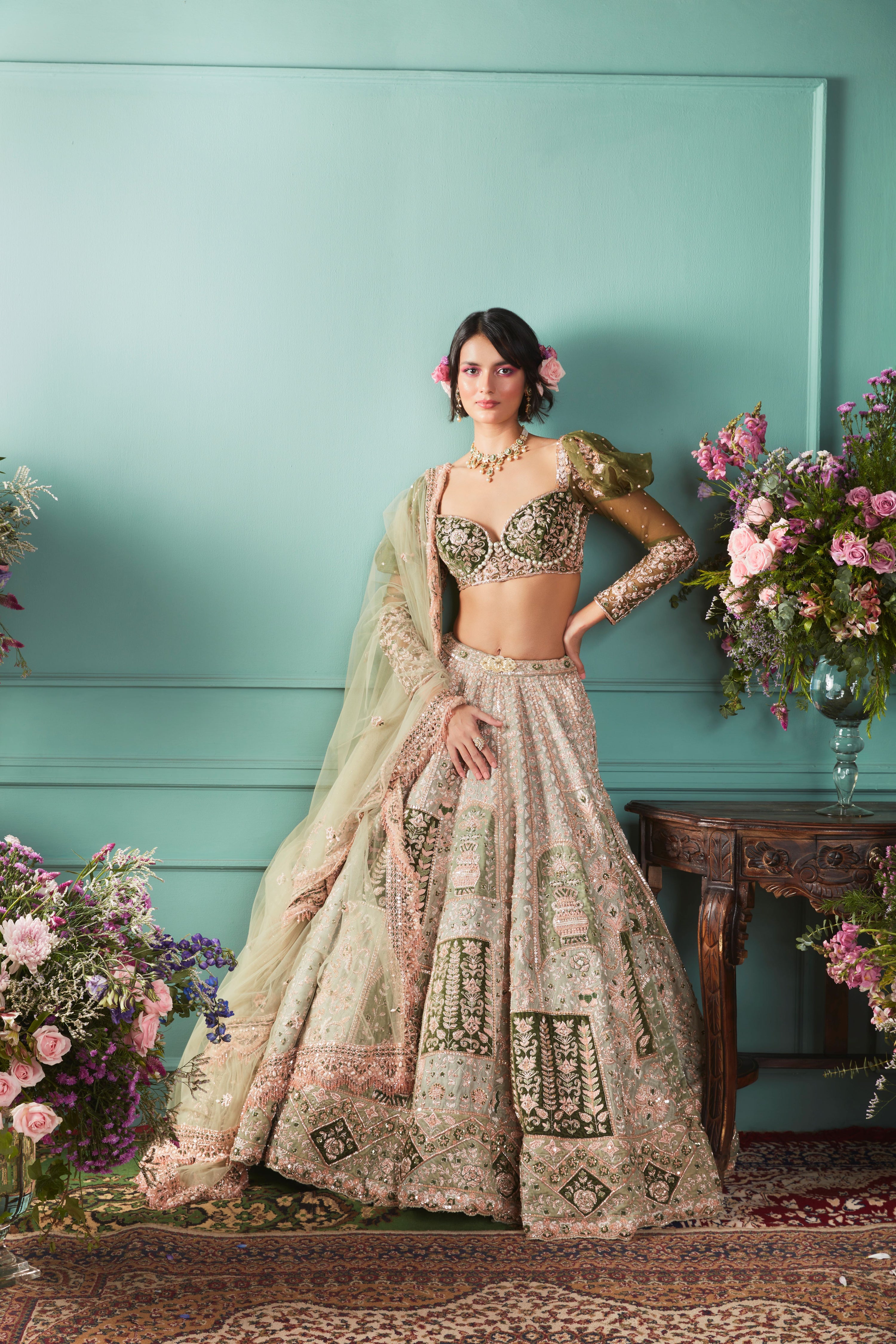 GREEN LEHENGA WITH FRENCH CHATEAU ELEMENTS