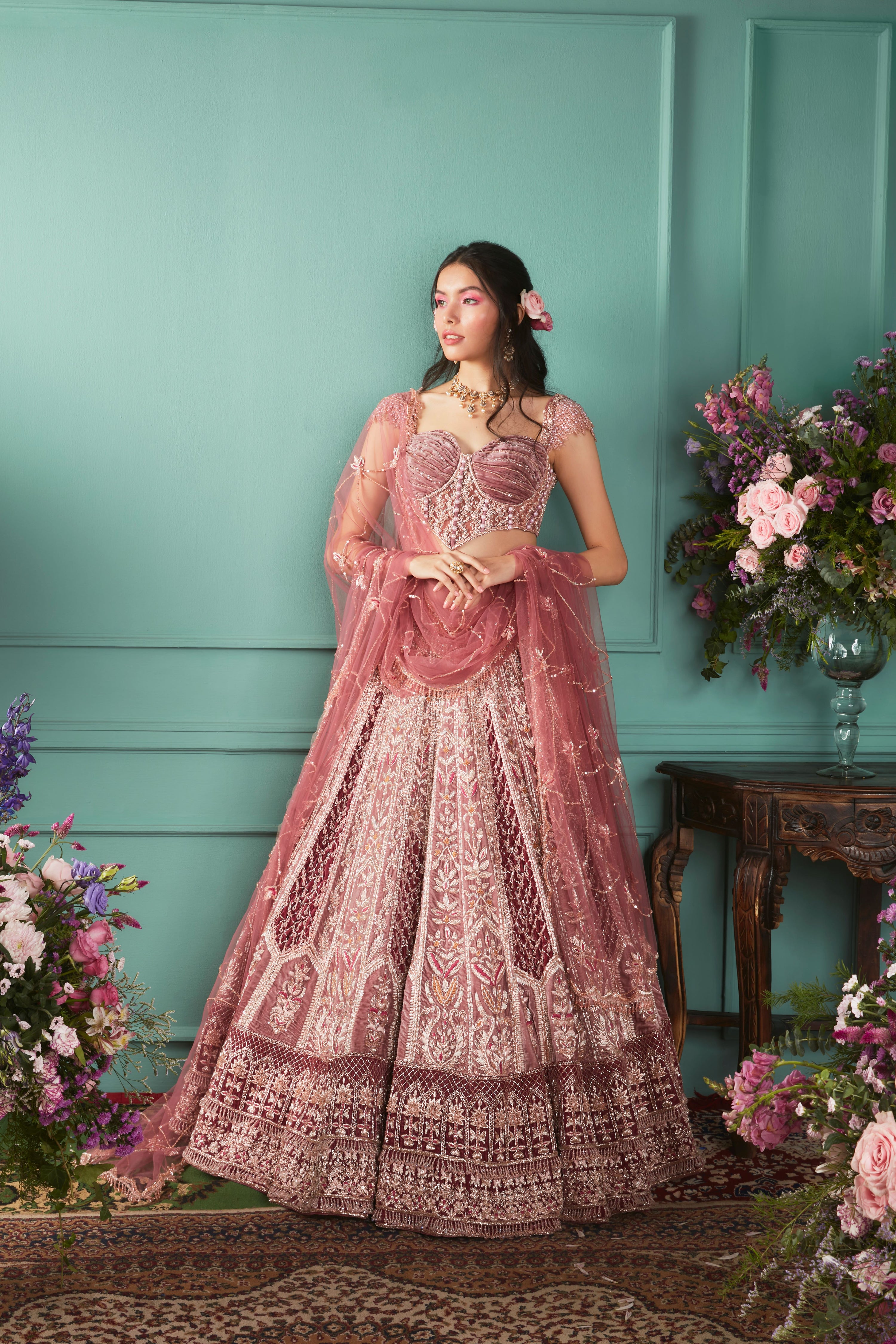 RUST/ROSE LEHENGA WITH FRENCH CHATEAU ELEMENTS