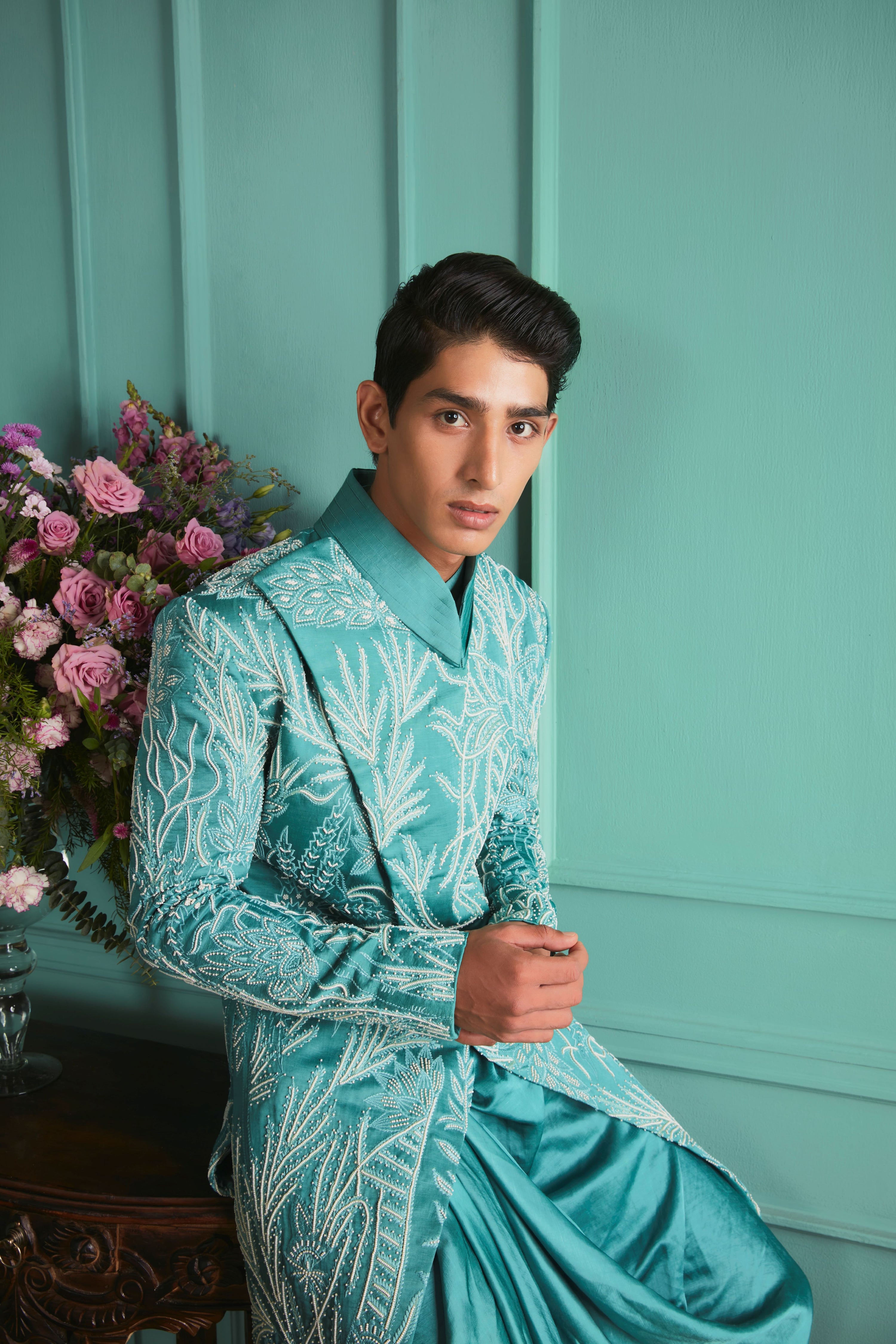 CAMEO BLUE SHERWANI SET