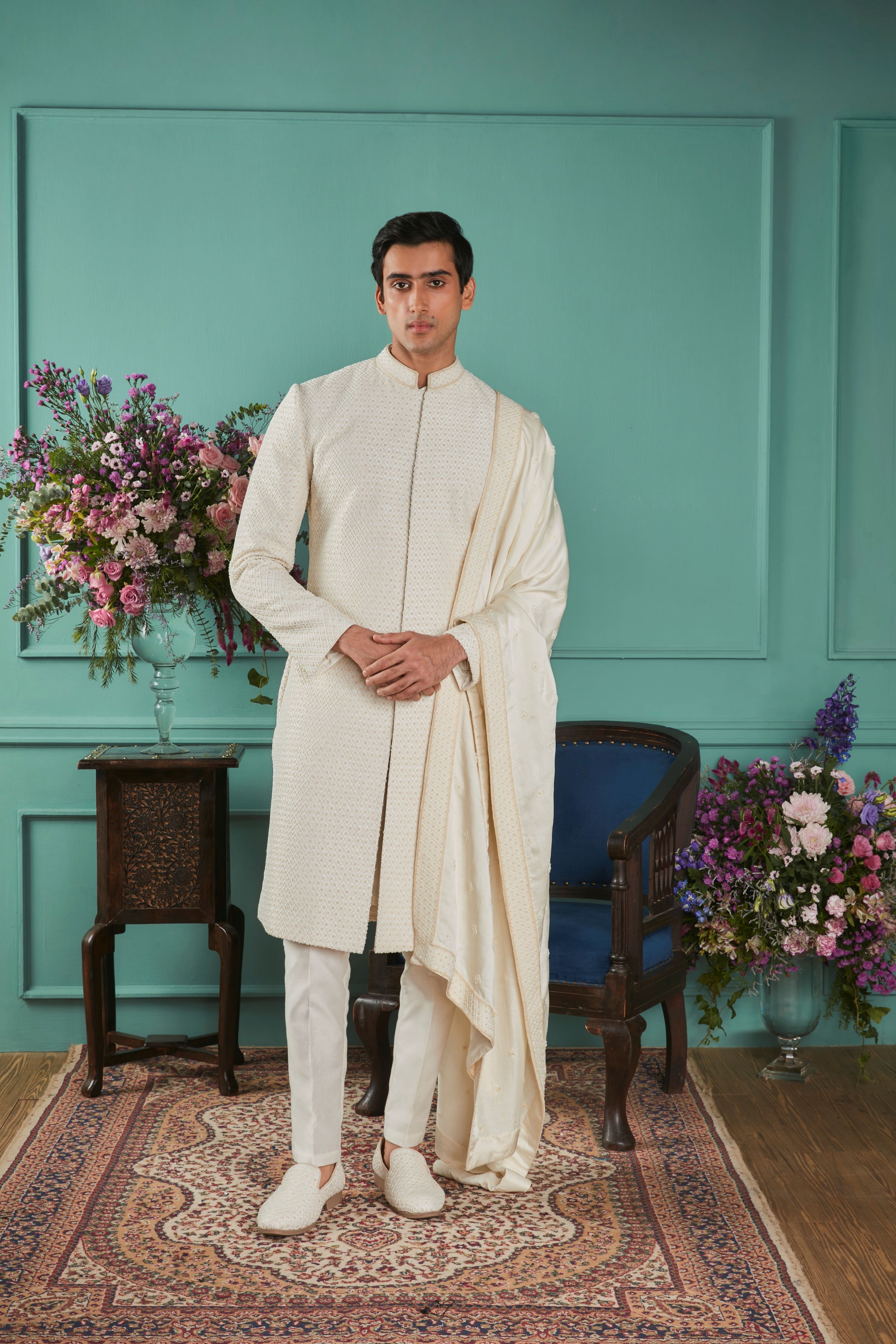 WINTER WHITE SHERWANI SET