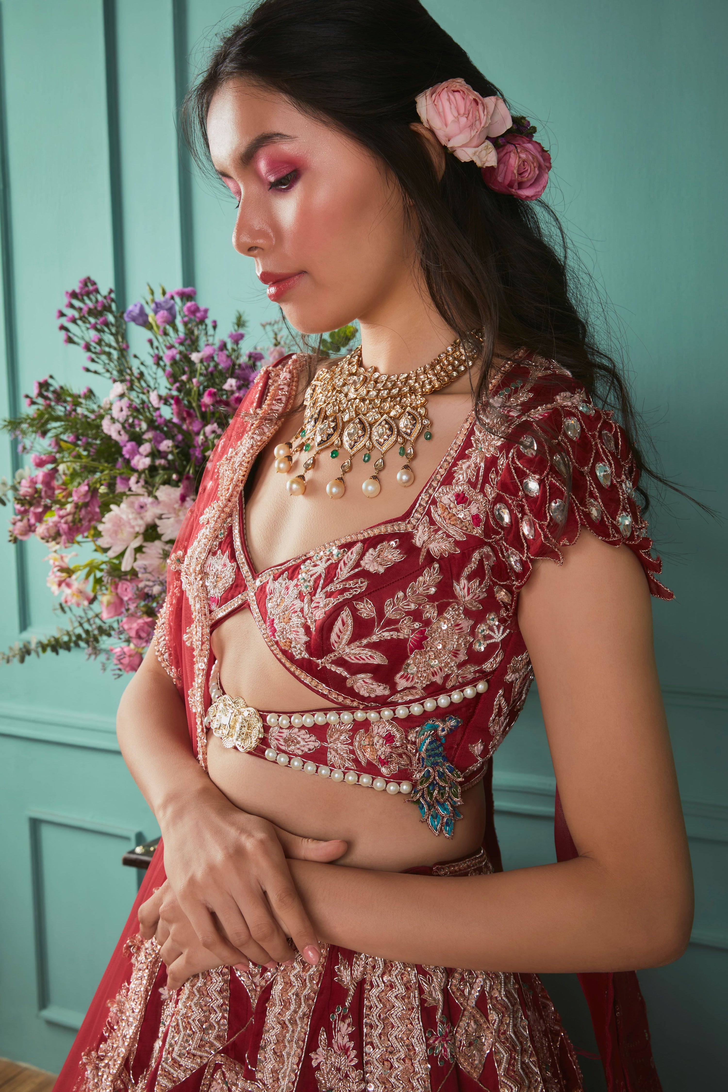 RED LEHENGA WITH PEACOCKS