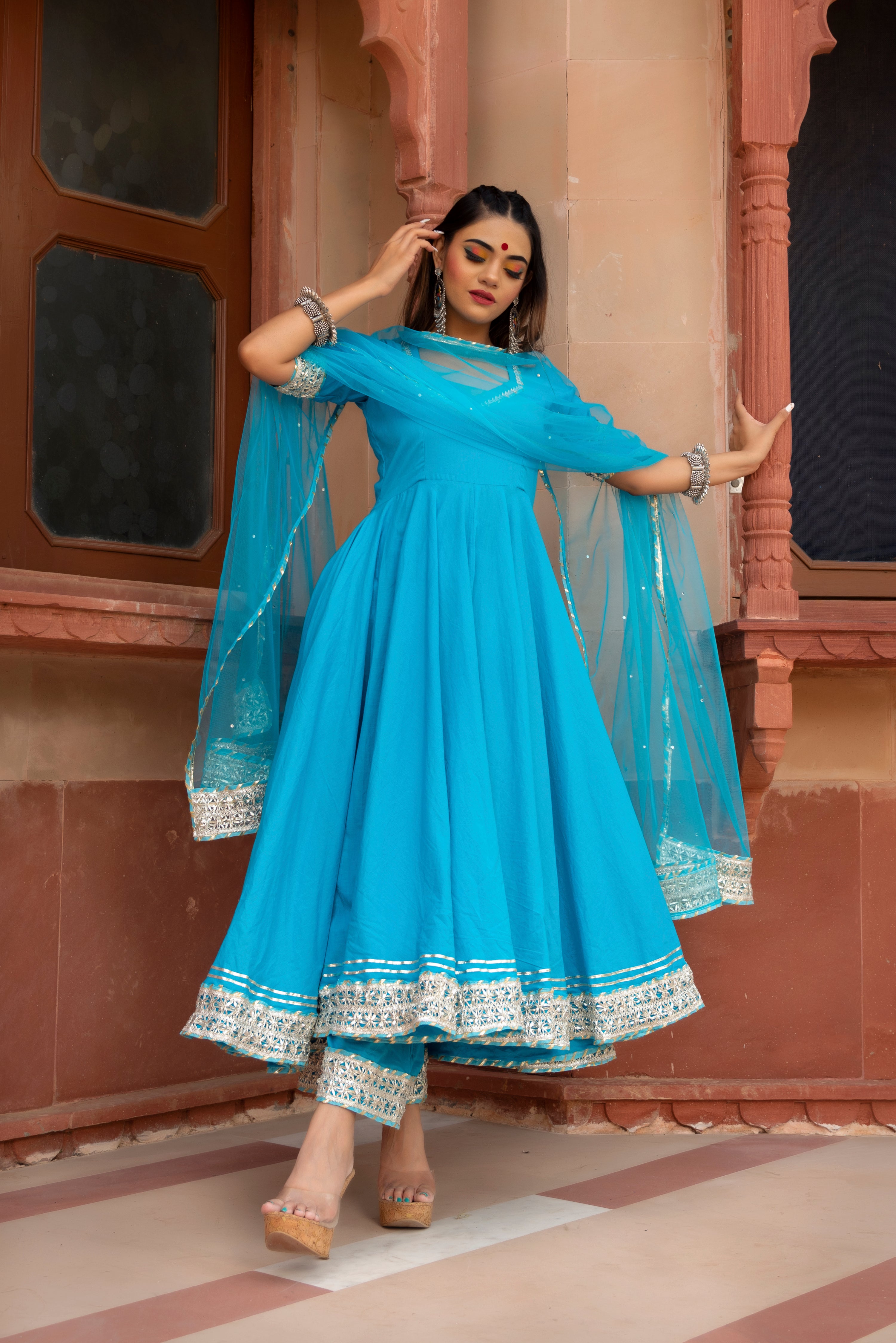 KALAMKARI BLUE PURE COTTON ANARKALI SET