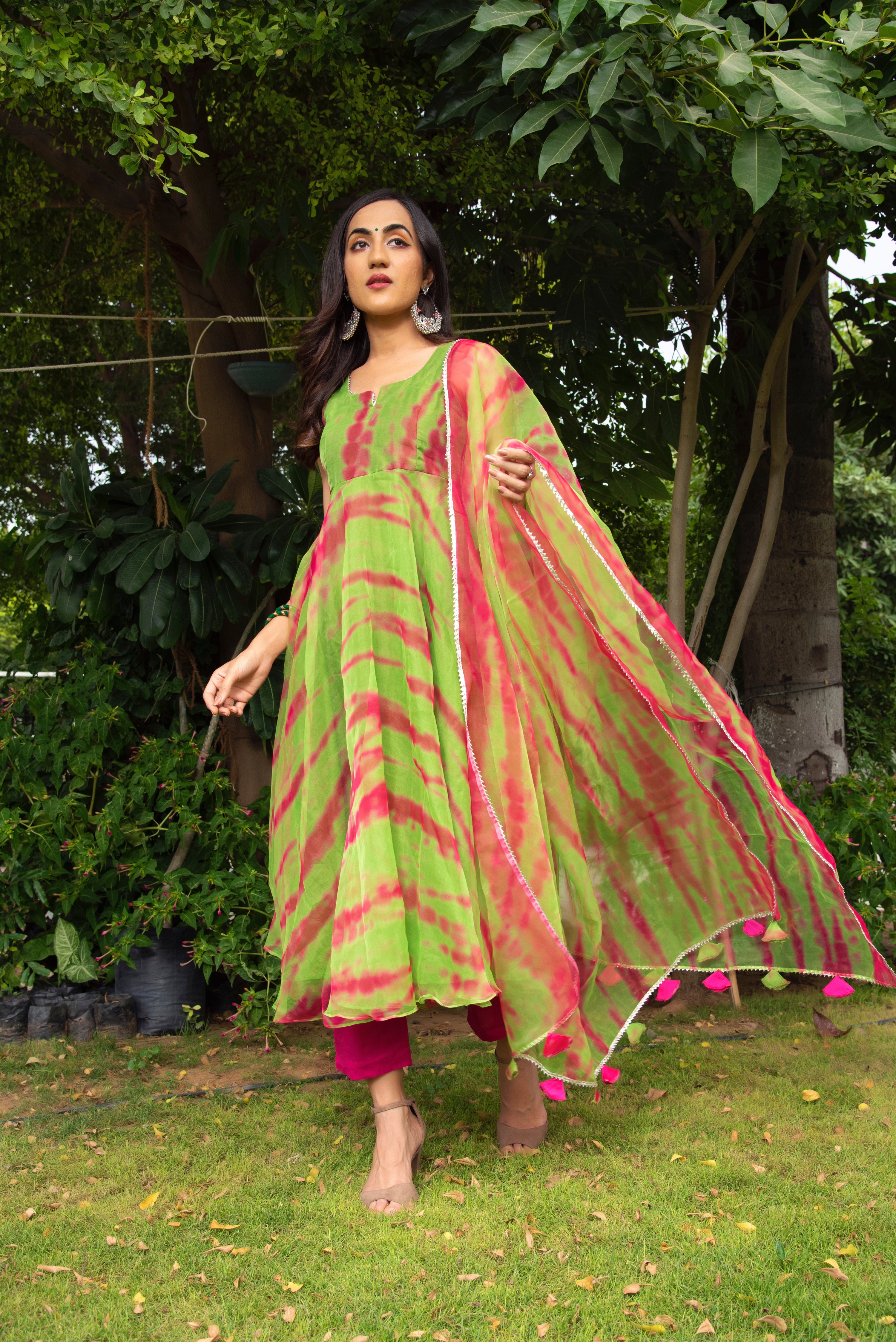 TIE AND DYE GREEN ORGANZA ANARKALI SET