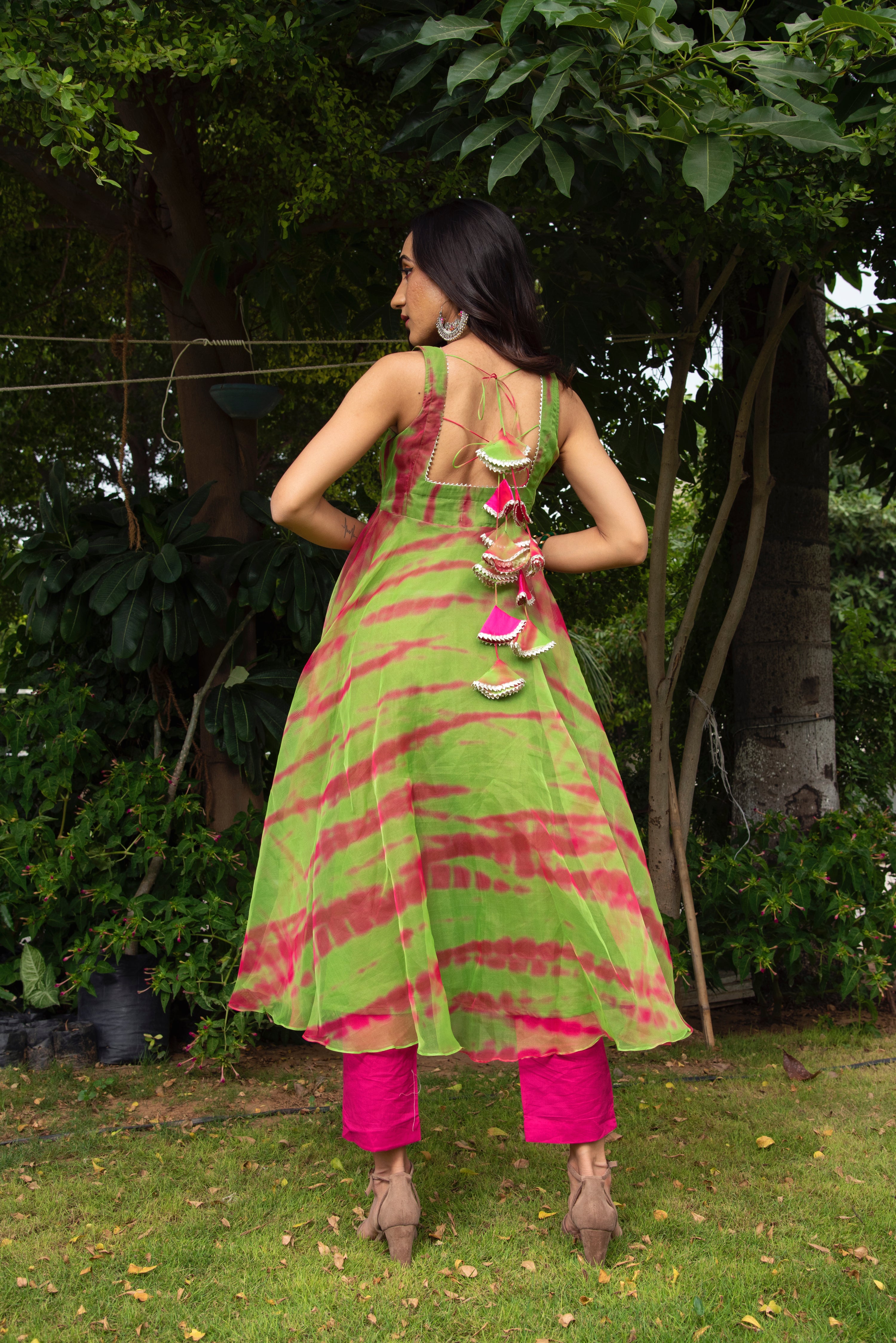 TIE AND DYE GREEN ORGANZA ANARKALI SET