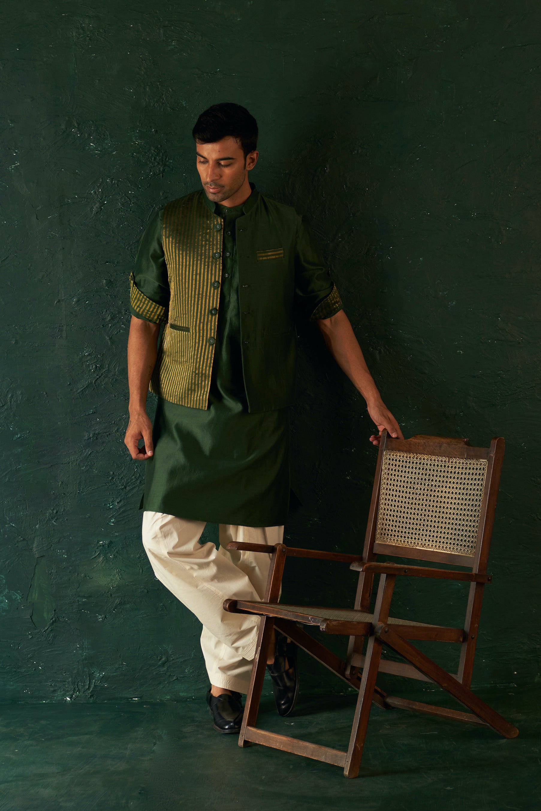 MIDAS DEEP GREEN TISSUE STRIPE NEHRU JACKET