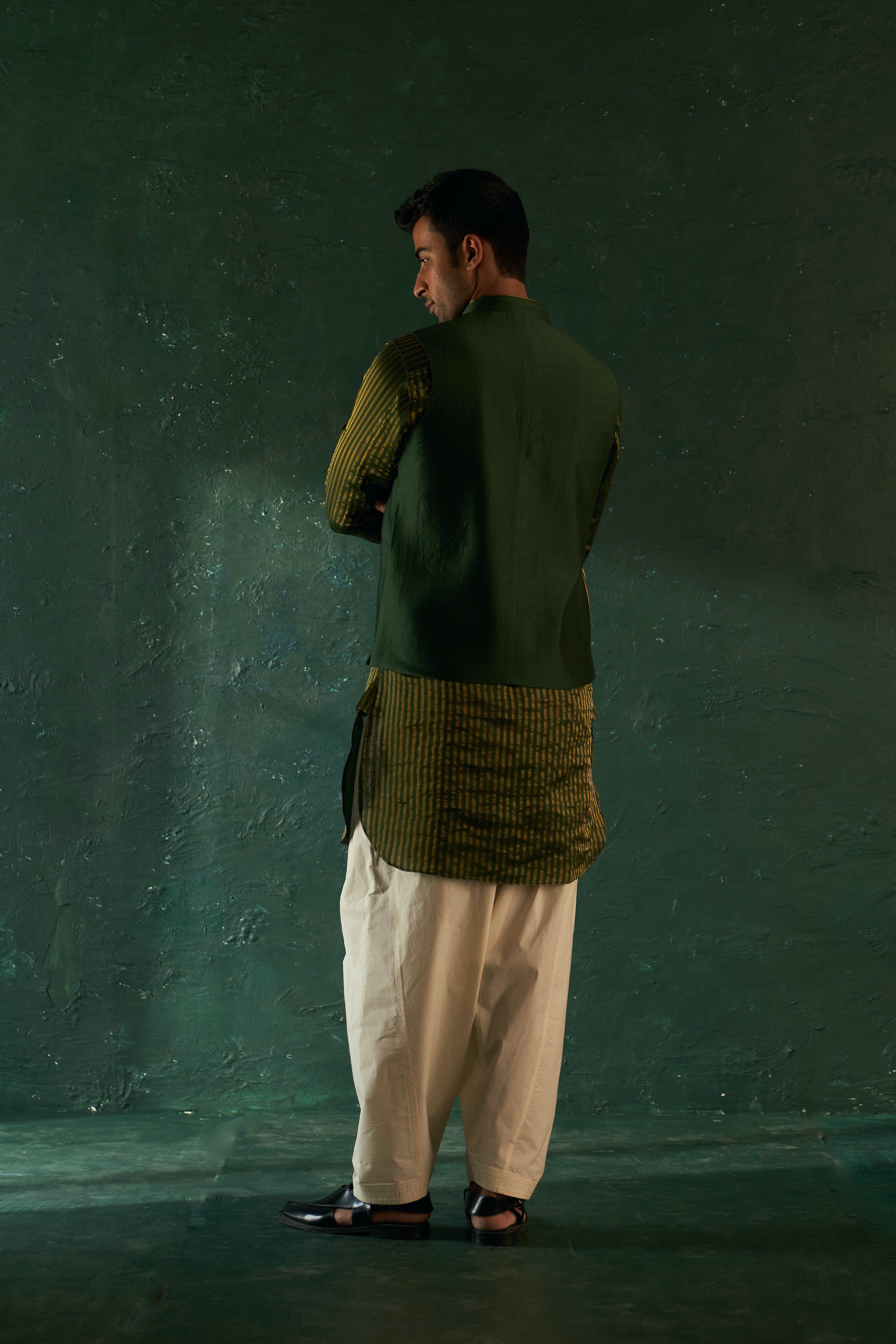 MIDAS DEEP GREEN TISSUE STRIPE NEHRU JACKET