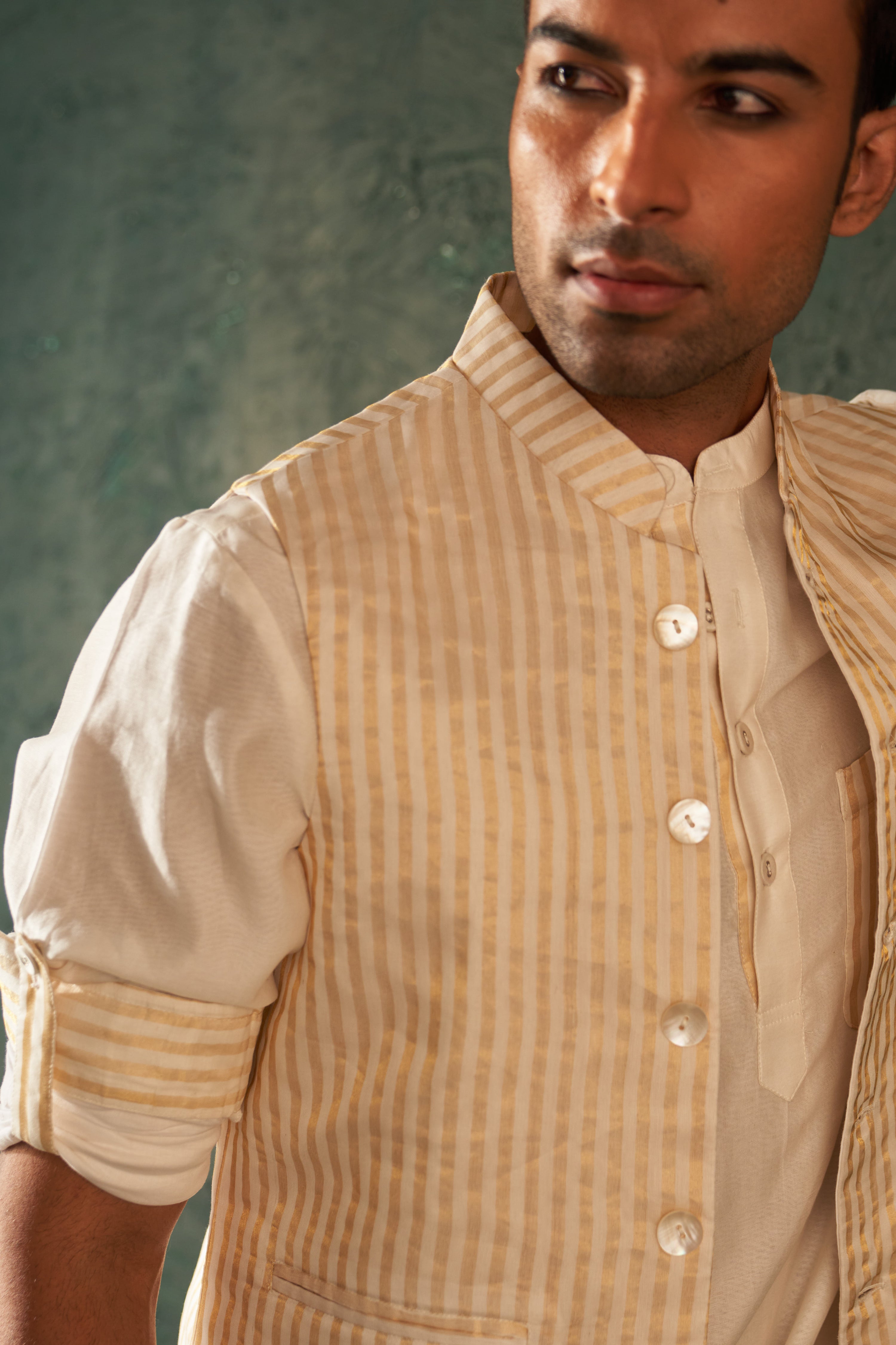 MIDAS IVORY TISSUE STRIPE NEHRU JACKET