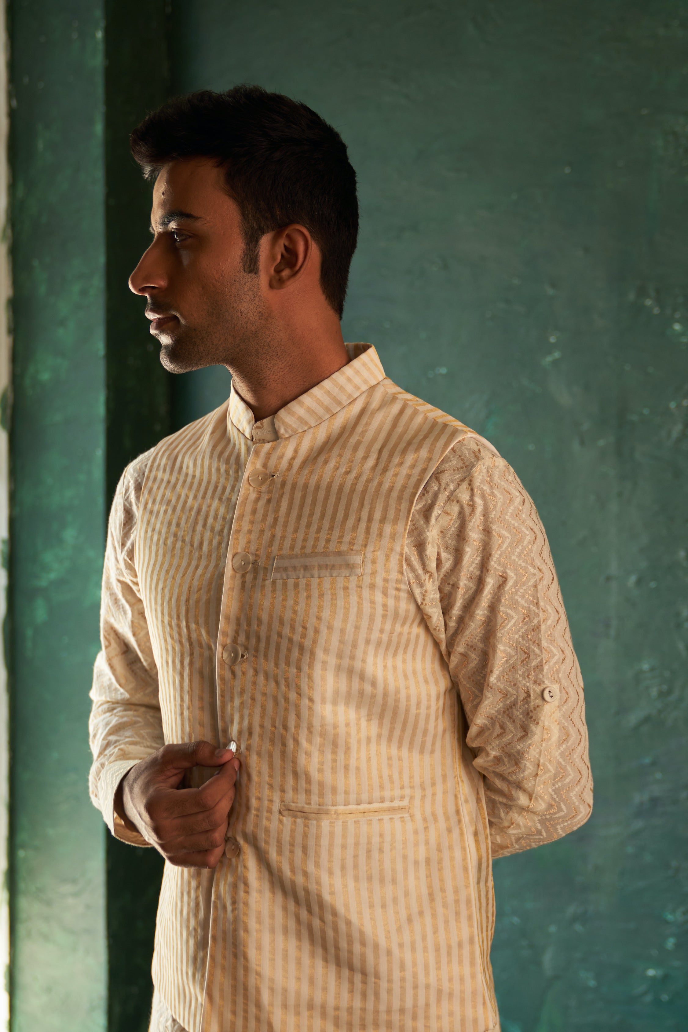 MIDAS IVORY TISSUE STRIPE NEHRU JACKET