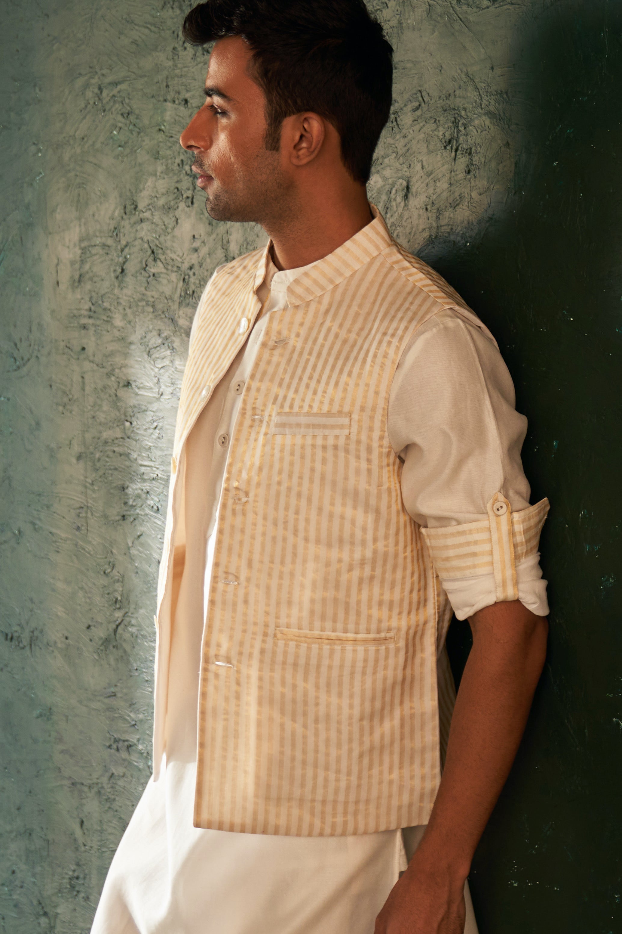 MIDAS IVORY TISSUE STRIPE NEHRU JACKET