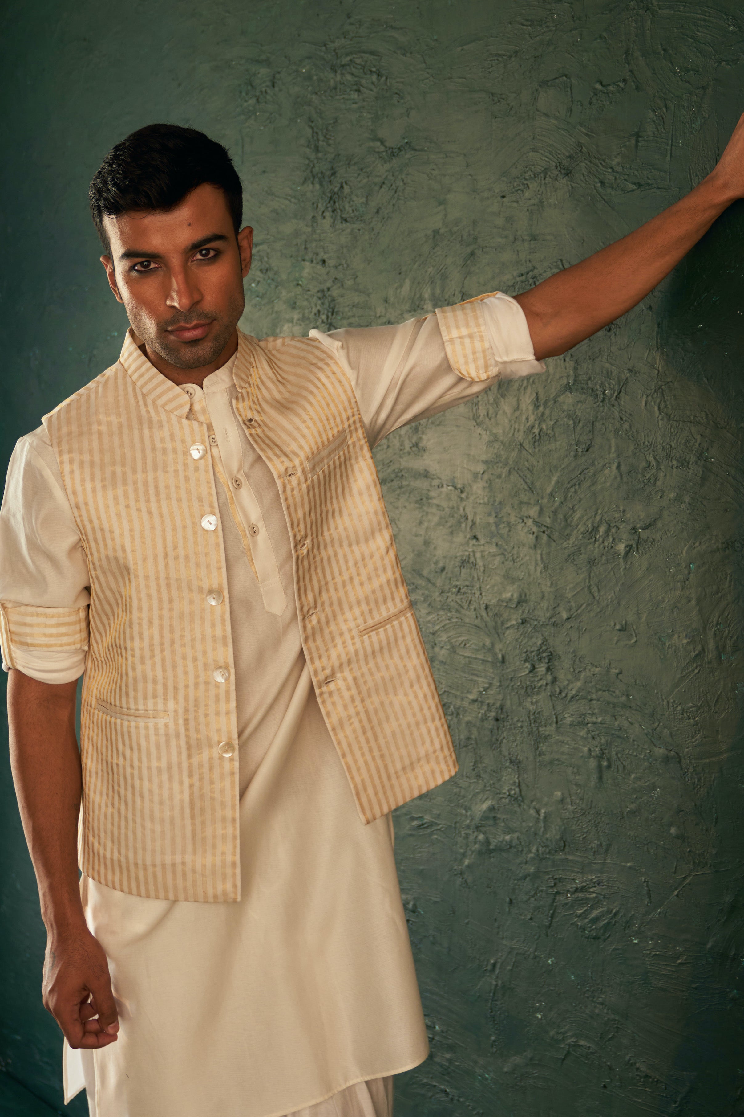 MIDAS IVORY TISSUE STRIPE NEHRU JACKET