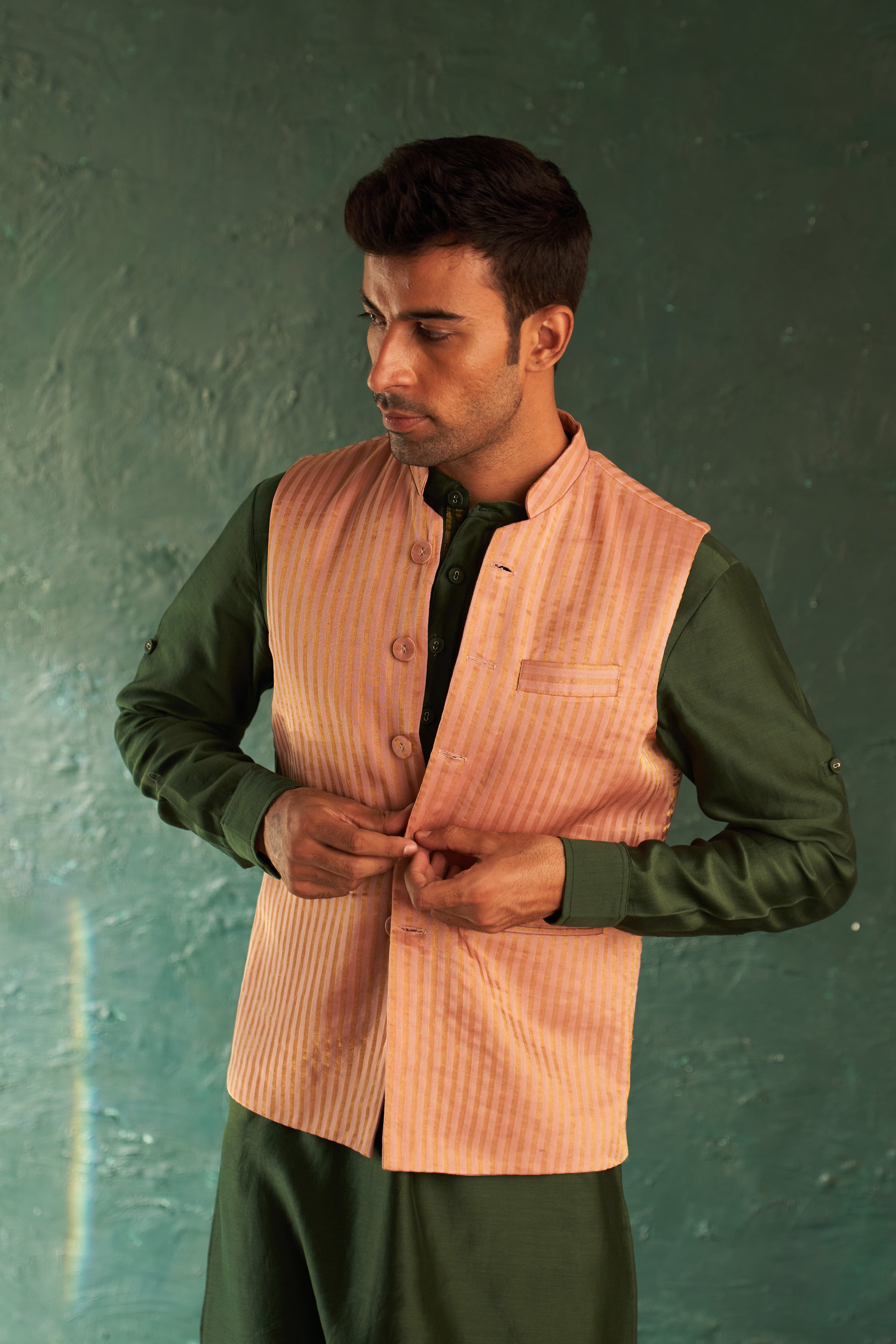 MIDAS OLD ROSE TISSUE STRIPE NEHRU JACKET