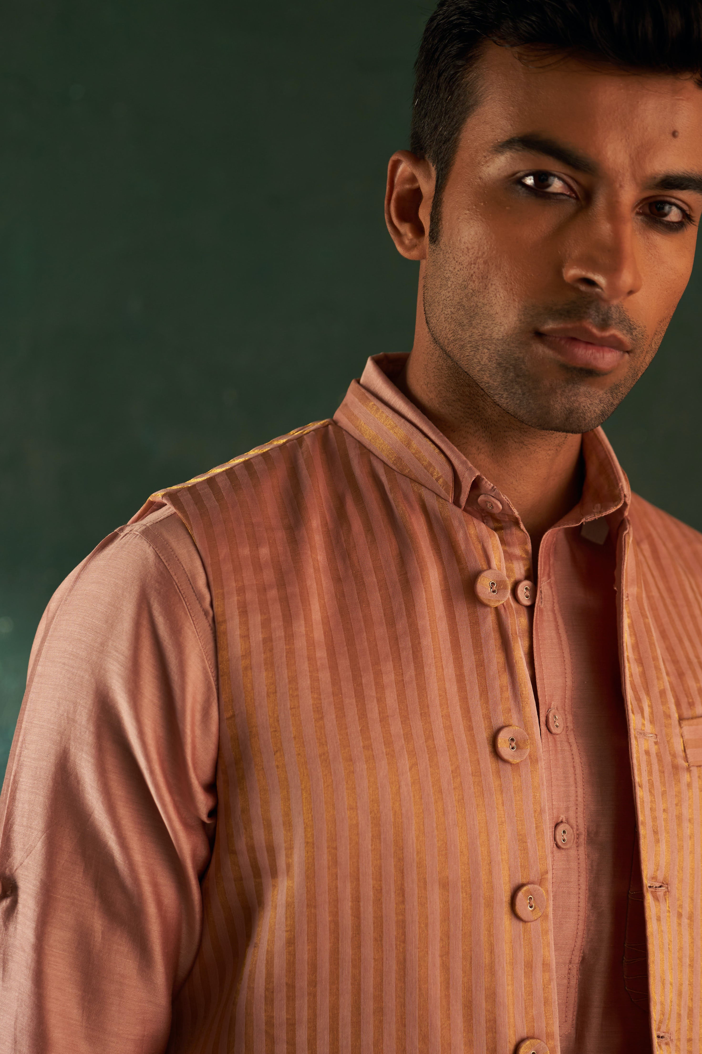 MEN'S ROSE PINK PATHANI KURTA SET WITH JACKET