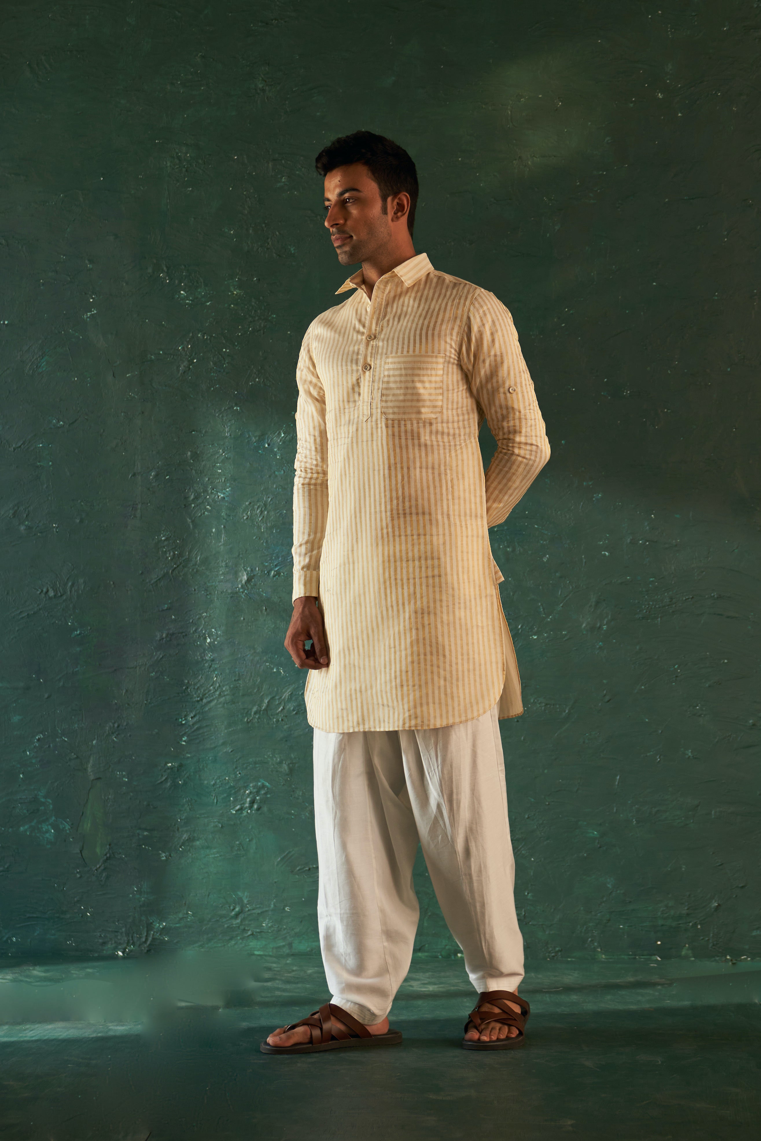 MIDAS IVORY TISSUE STRIPE PATHANI KURTA WITH SALWAR