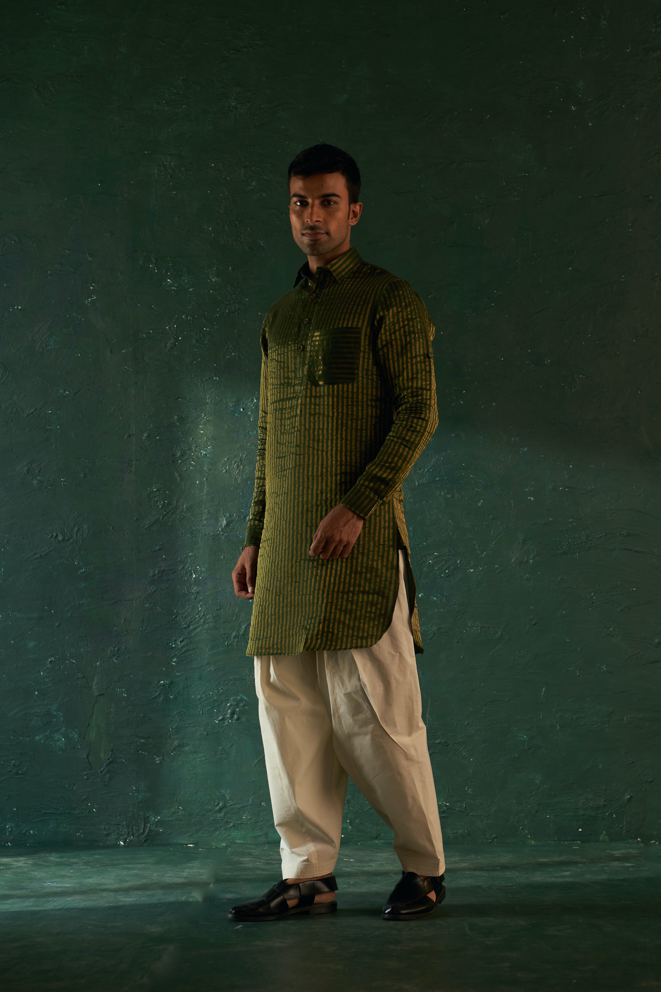 MIDAS DEEP GREEN TISSUE STRIPE PATHANI KURTA WITH SALWAR